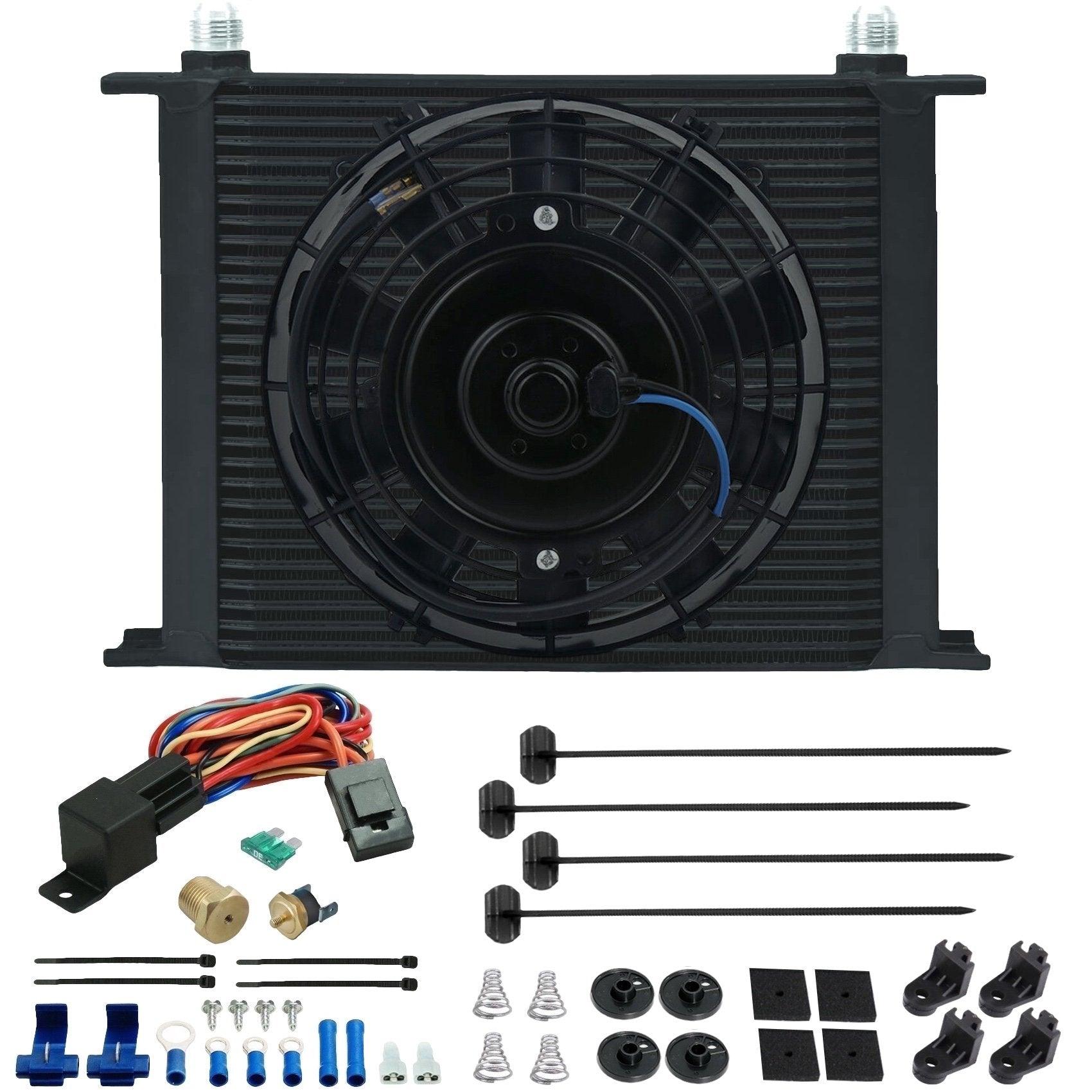 30 Row Transmission Oil Cooler with Electric Fan Kit - NPT Fittings & Temperature Switch - Perfect for High-Performance Vehicles, Racing & Off-Road Use