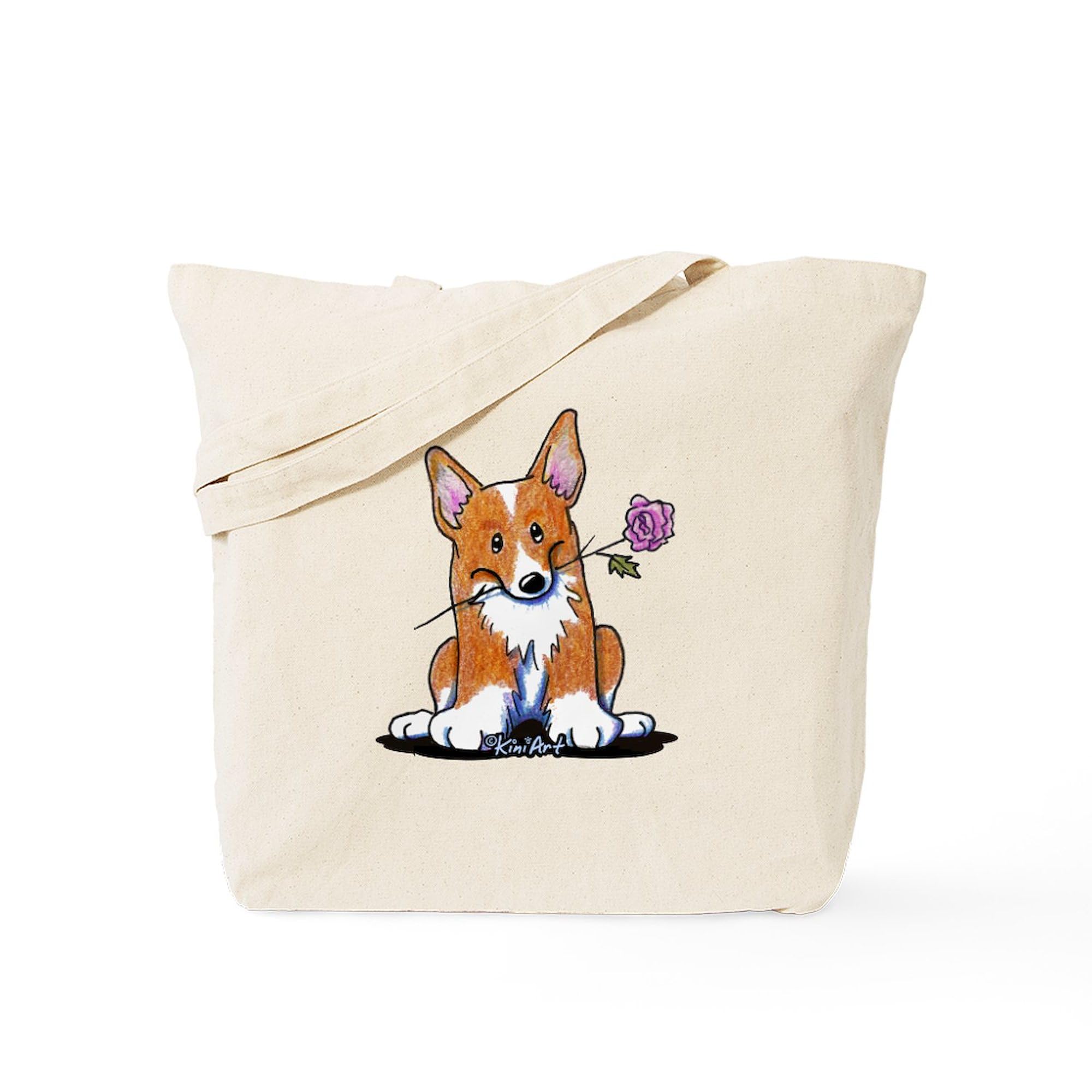 CafePress Corgi with Flower Canvas Tote Bag - Natural Reusable Grocery Shopping Bag for Women, Beach, Farmers Market & Everyday Use
