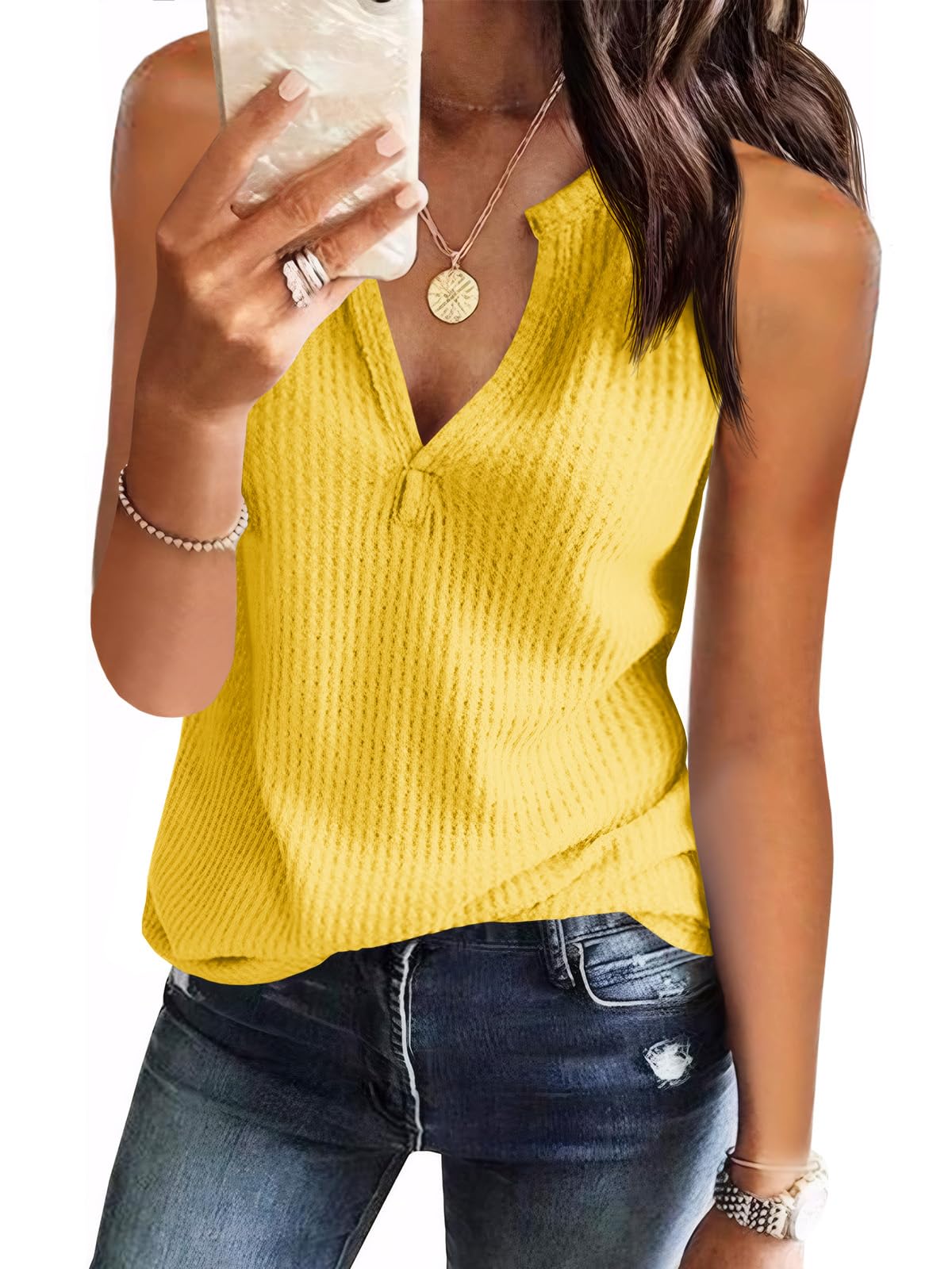 Women's V-Neck Waffle Knit Tank Tops - Summer Casual Sleeveless Loose Fit Tee Shirts for Beach, Yoga & Everyday Wear