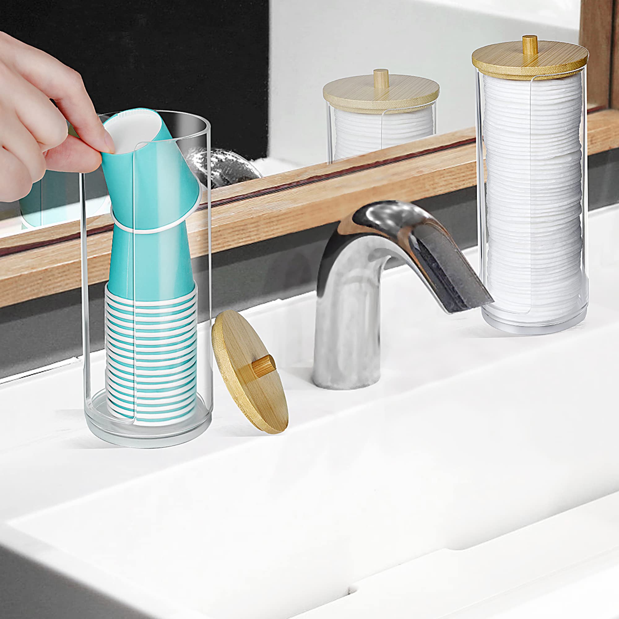 Compact Acrylic Bathroom Cup Dispenser with Bamboo Lid - Holds 3oz Disposable Paper Cups for Mouthwash & Vanity Countertop Organization | Perfect for Guest Bathrooms, Dental Offices & Home Vanity Setups