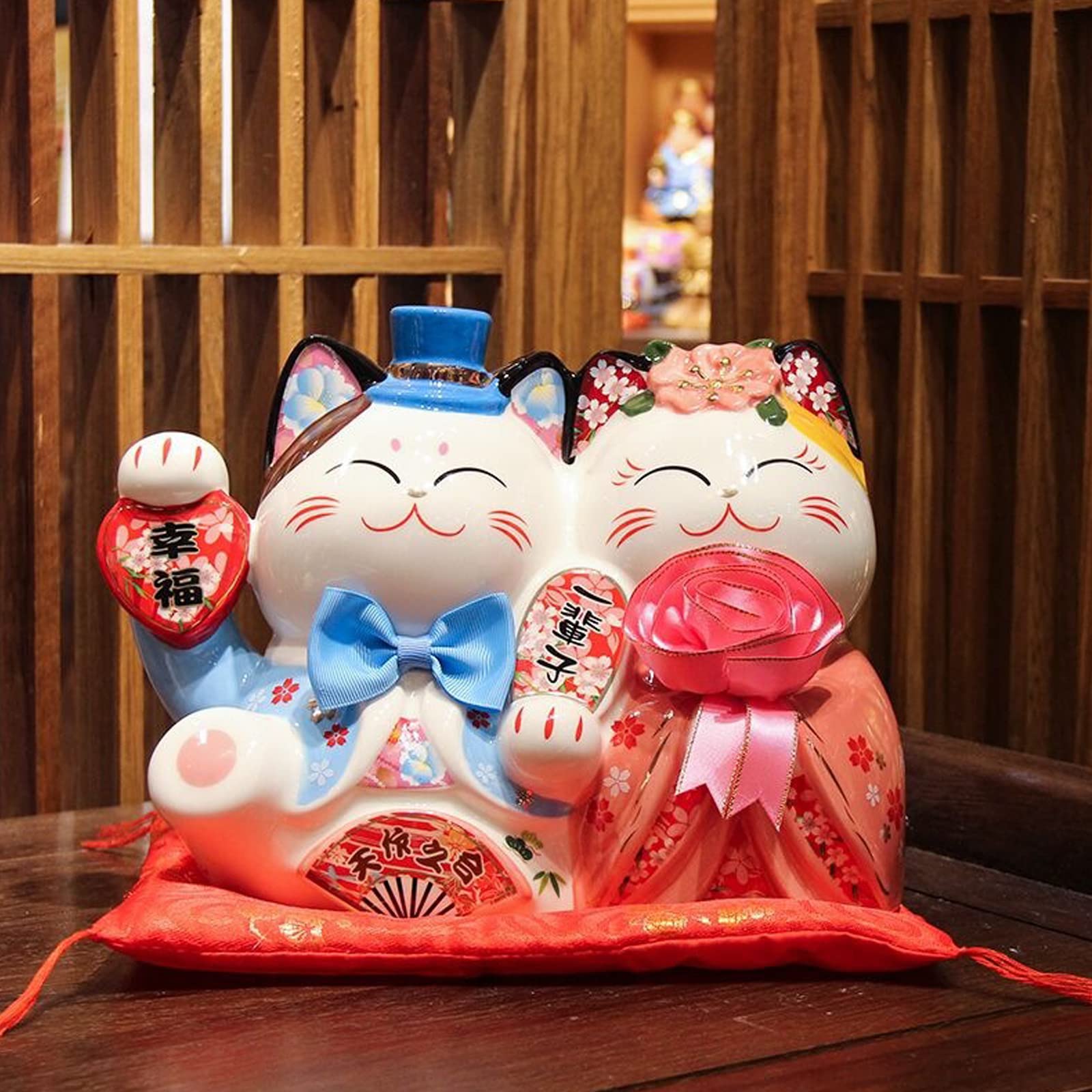 WSKOHGY 9-Inch Ceramic Lucky Fortune Cat Couple Suit - Maneki Neko Waving Wealth Cat Piggy Bank for Home Decor, Wedding Gift & Japanese Good Luck Charm | Perfect for Couples, Newlyweds & Home Office Feng Shui