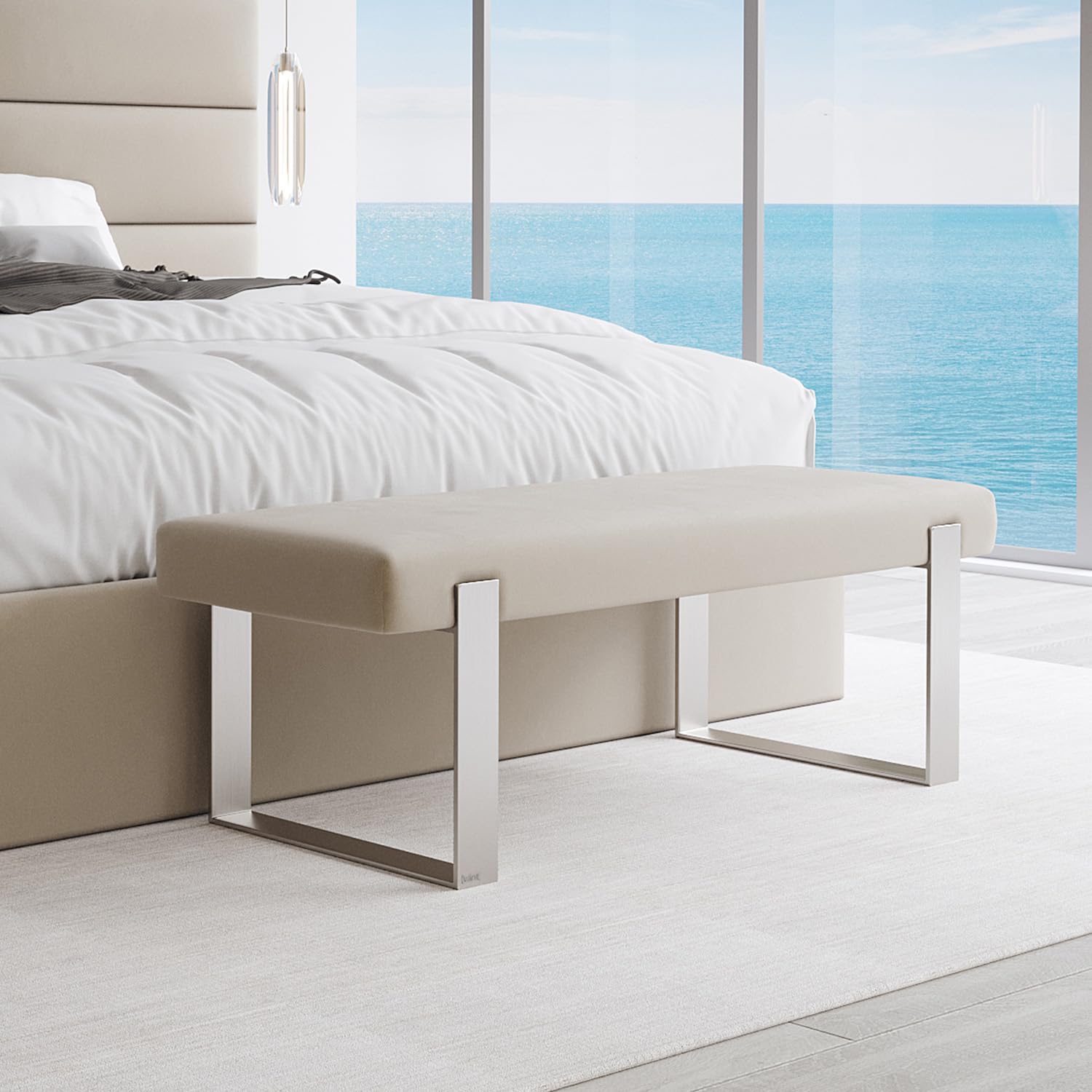 Luxury Velvet Upholstered Bed Bench with Brushed Nickel Legs - Modern Sand Storm Bedroom Bench for Hallway, Entryway or Living Room - Perfect for Seating, Storage & Home Decor
