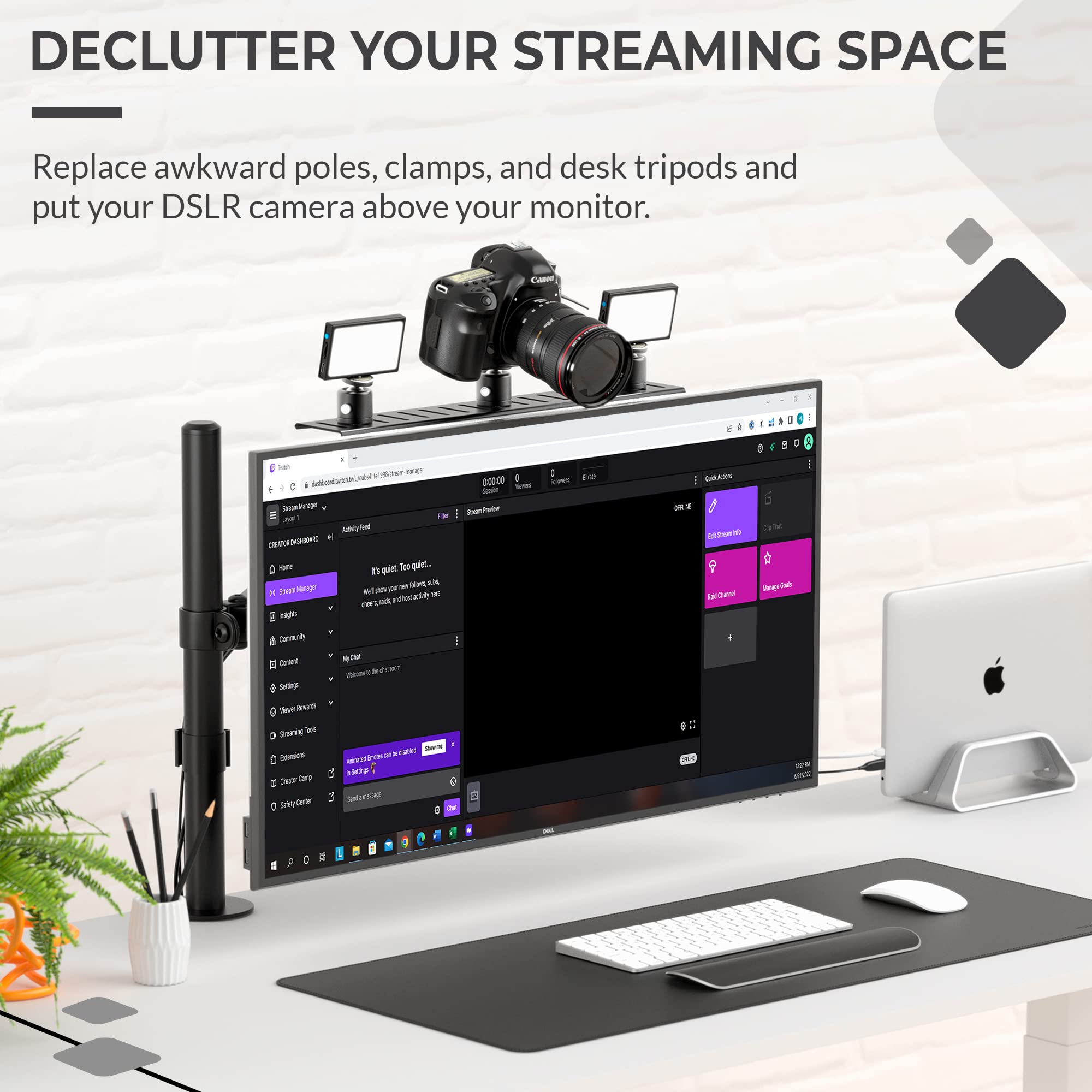 HumanCentric DSLR Monitor Mount - Adjustable VESA Arm Camera Shelf for Desk, Webcam & Microphone Stand - Heavy Duty Monitor Riser for Photography & Streaming Setup - Perfect for Home Office, Gaming & Video Production Workspace
