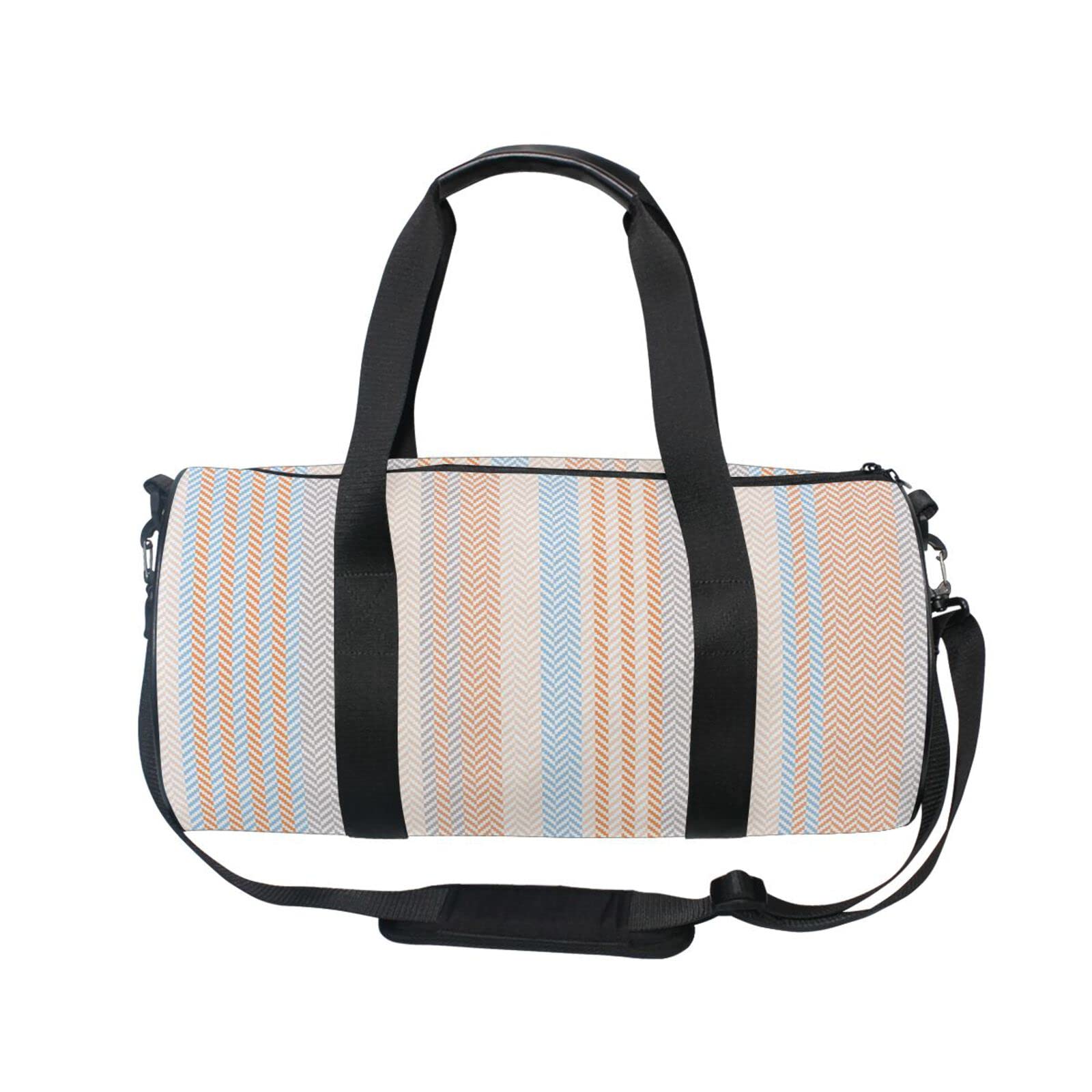 Acpiggto Gym Bag for Women & Men - Sporty Duffel Bag with Herringbone Pattern & Geometric Stripes - Orange & Blue Travel Luggage, Weekender Tote, Sling Shoulder Backpack for Gym, Work, School & Weekend Trips