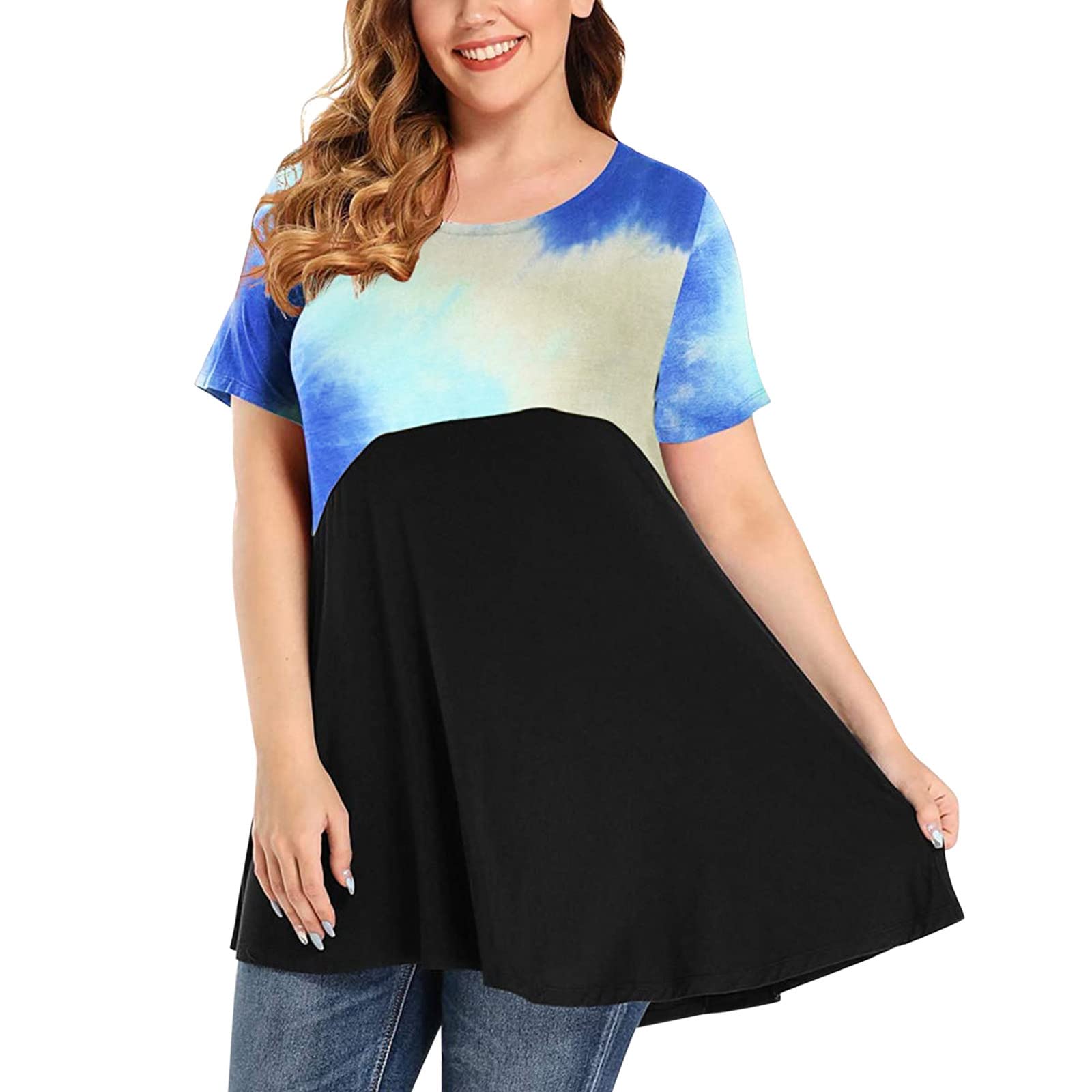 Women's Plus Size Summer T-Shirt - Round Neck Short Sleeve Top with Stitching Detail for Workout, Hiking & Outdoor Activities | Casual Comfort Fit