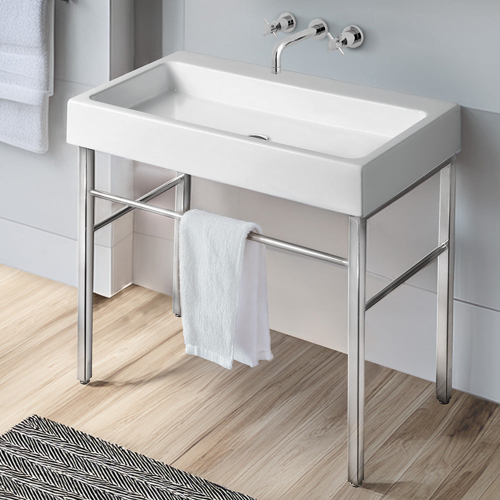 Rectangular Console Bathroom Sink with Front Towel Bar & Chrome Legs - Modern Vanity Sink for Powder Rooms, Guest Baths and Small Spaces