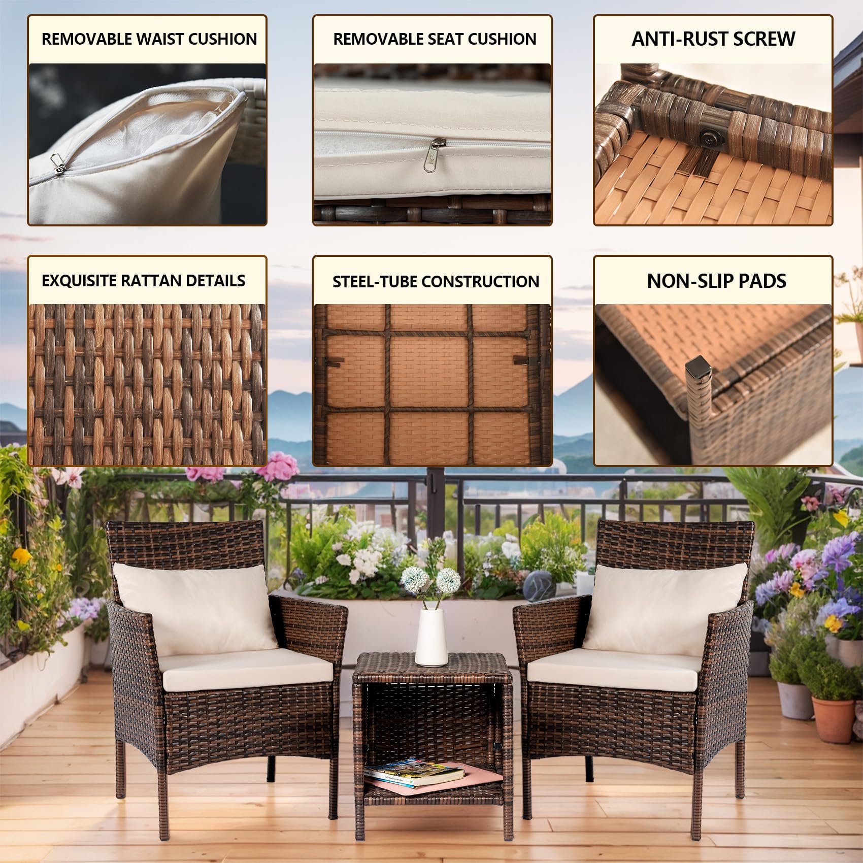 3-Piece Patio Conversation Bistro Set - Outdoor Wicker Chairs & Storable Table - Brown/Beige Balcony Furniture for Porch, Yard, Backyard & Apartment - Perfect for Relaxing, Entertaining & Small Space Living