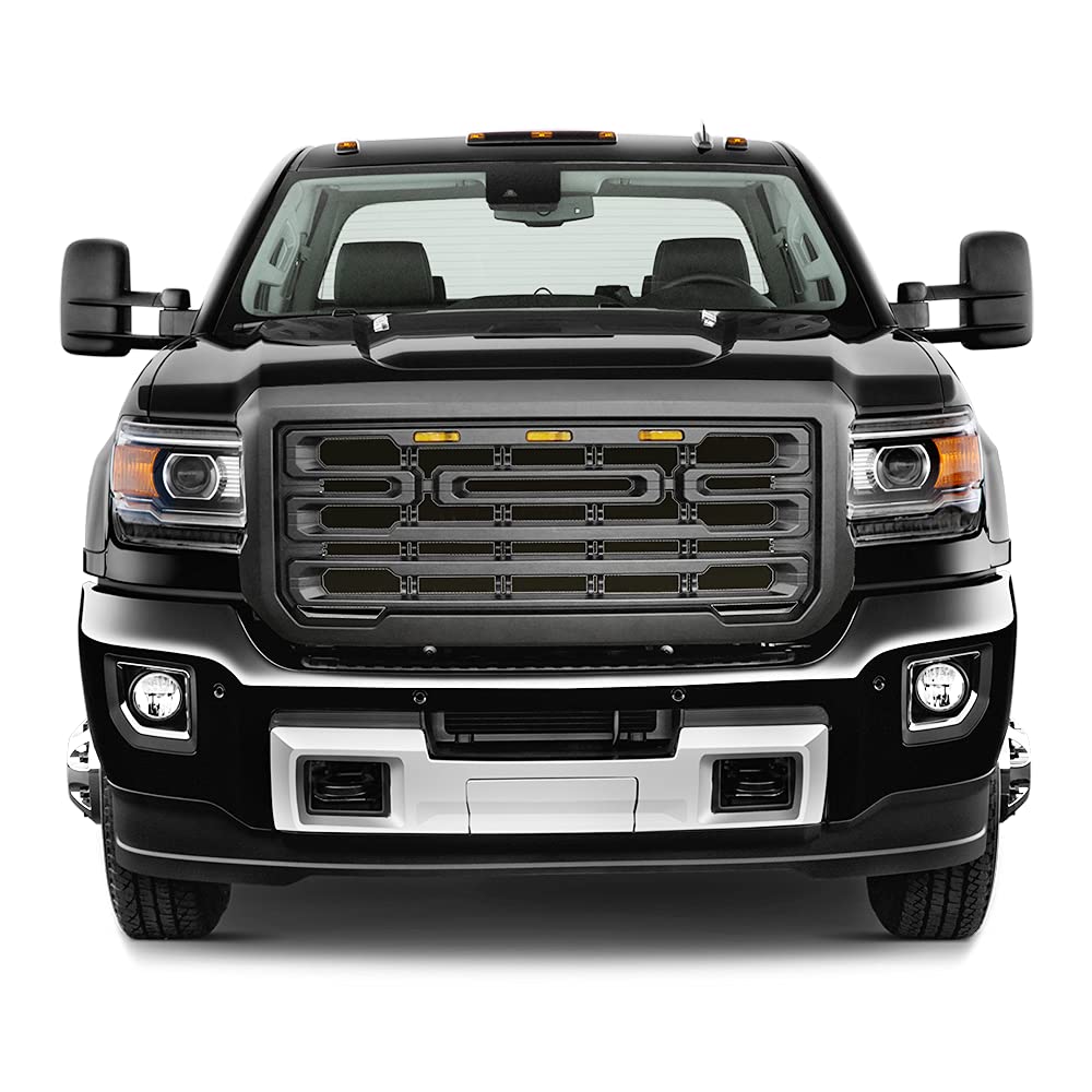 IKON MOTORSPORTS Matte Black ABS Front Grille for 2015-2019 GMC Sierra 2500/3500 | Bumper Hood Upper Shell Guard with LED Signal Lights | Off-Road & Daily Driving Upgrade