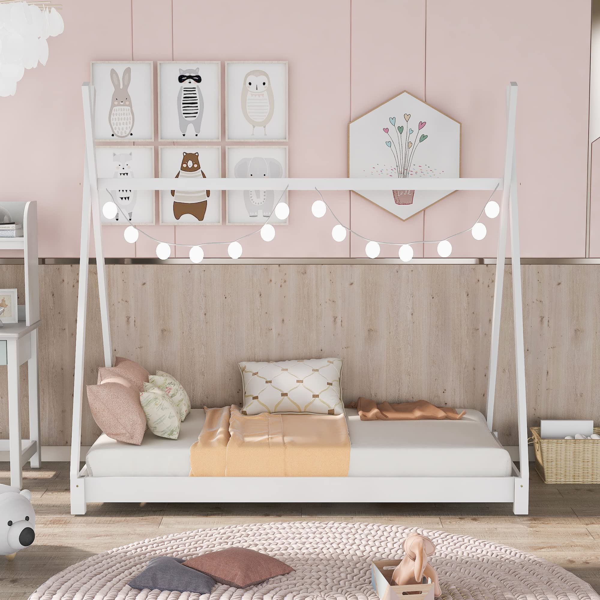 Merax Twin Size Wooden House Platform Bed with Slats & Triangle Structure - No Box Spring Needed - Sturdy Kids Bed for Boys, Girls & Teens - Perfect for Small Bedrooms, Playrooms & Sleepovers (White)