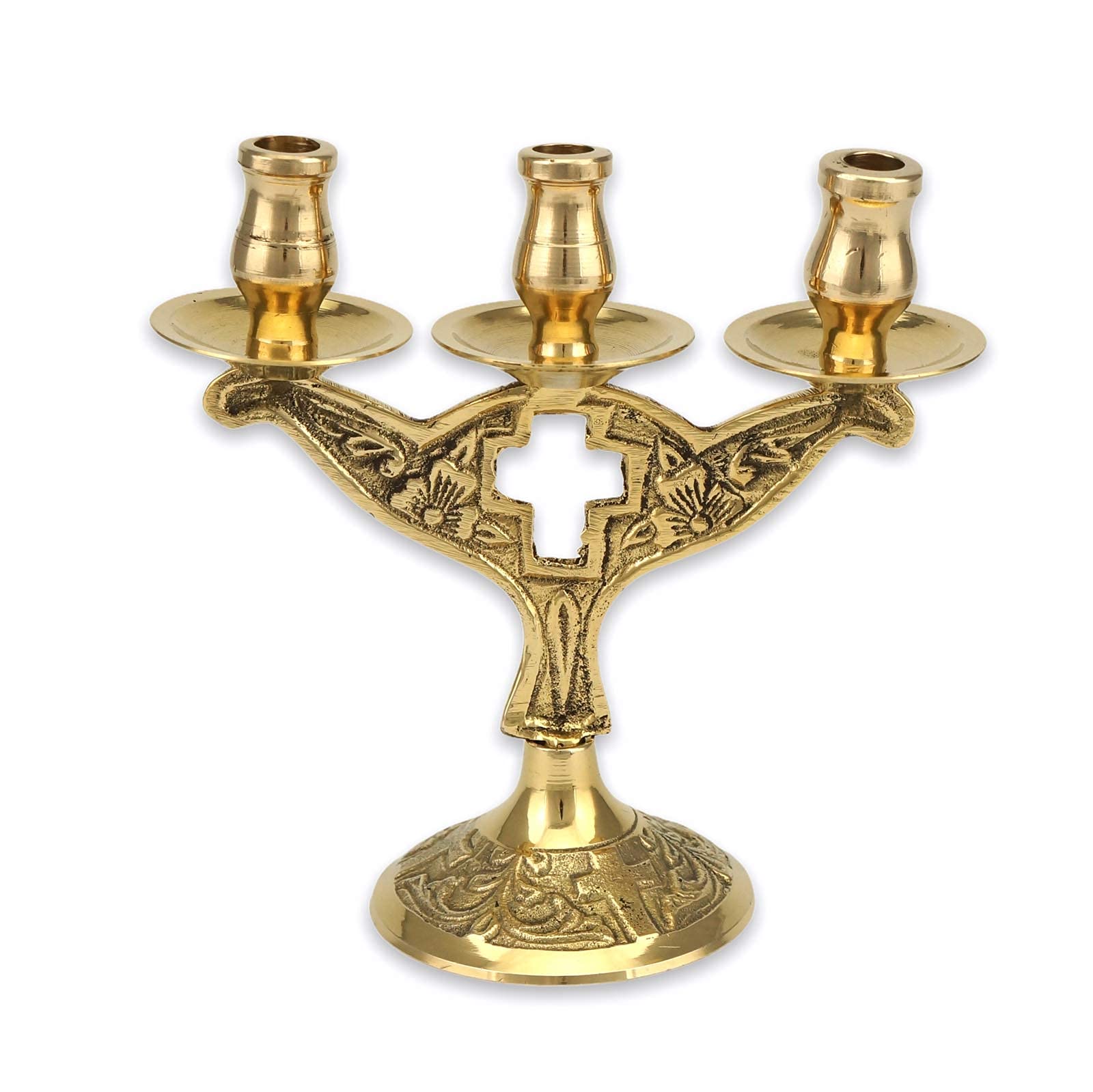 Orthodox Cross Candelabra - Christian 3-Candle Holder with Drip Trays for Home Altar & Prayer Corner | Perfect for Religious Ceremonies, Church Decor & Spiritual Meditation