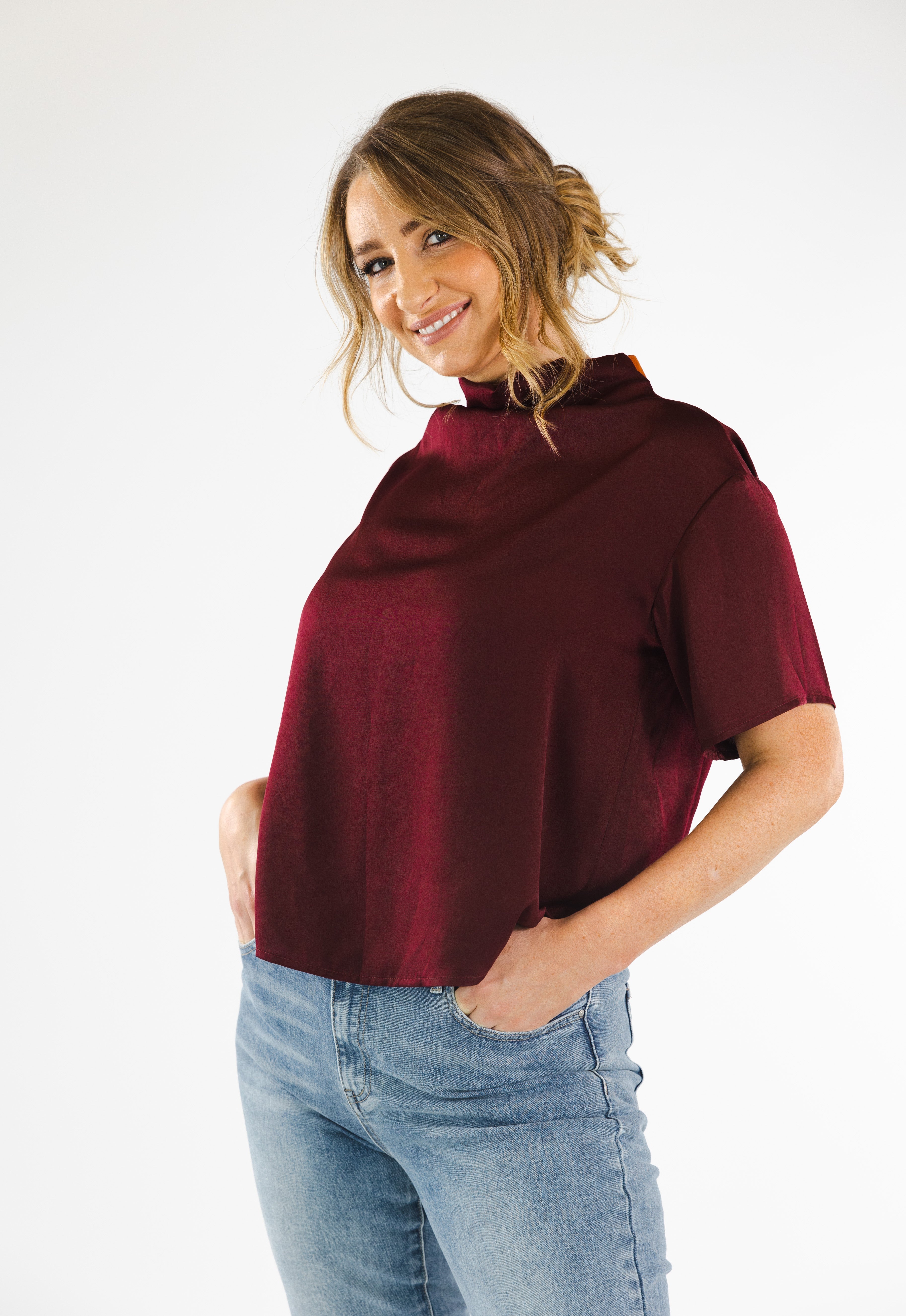 Hazel Top Women's Burgundy V-Neck Casual Blouse for Work & Everyday Wear | Soft & Comfortable T-Shirt Style Top