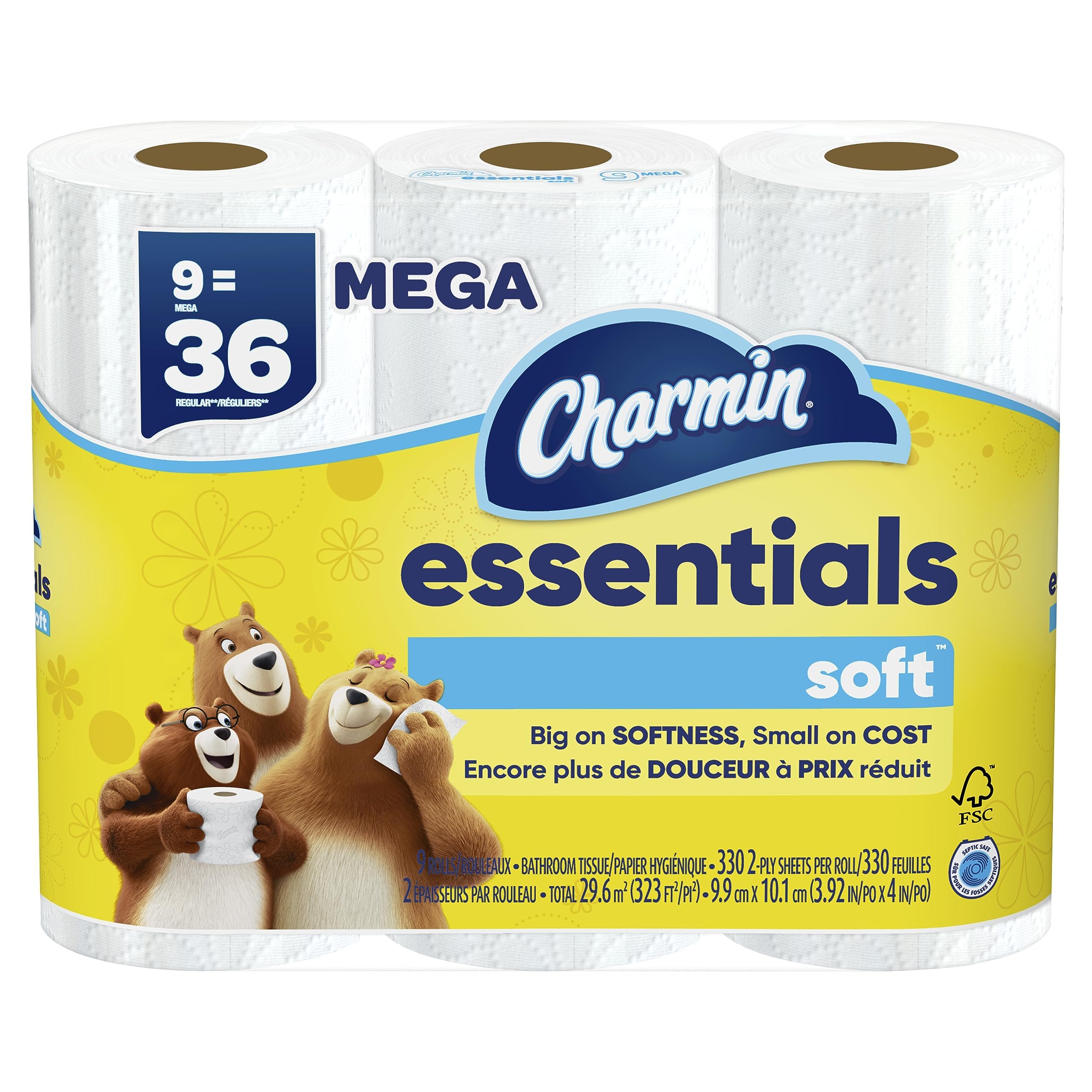 Charmin Essentials Soft Toilet Paper - 9 Mega Rolls (36 Regular Rolls) | Ultra Soft & Strong Bath Tissue for Home & Office Use