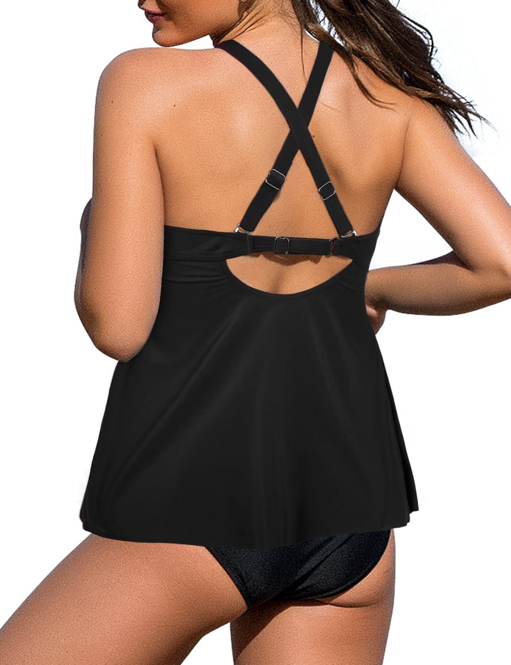 Hilor Women's Tummy Control Twist V Neck Tankini Top - Flowy Swimwear for Women, Bathing Suit for Swimming, Beach & Vacation | Plus Size Swim Top with Slimming Design