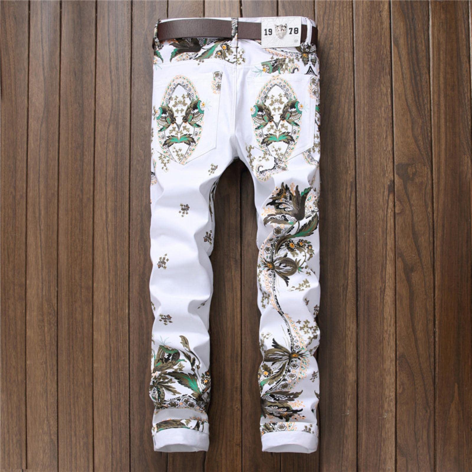 Men's Skinny Stretch Jeans - 3D Floral Printed Slim Fit Stretch Denim Pants for Spring | Trendy White Washed Jeans for Casual Wear, Dating & Night Out