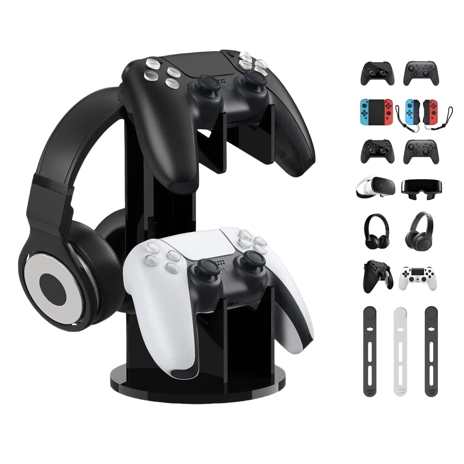 2 Tier Acrylic Controller Holder & Headphone Stand for PS5, PS4, Xbox ONE, Nintendo Switch - Universal Gaming Accessories Organizer with 3 Cable Clips (All Black) - Perfect for Gaming Setup & Desk Organization