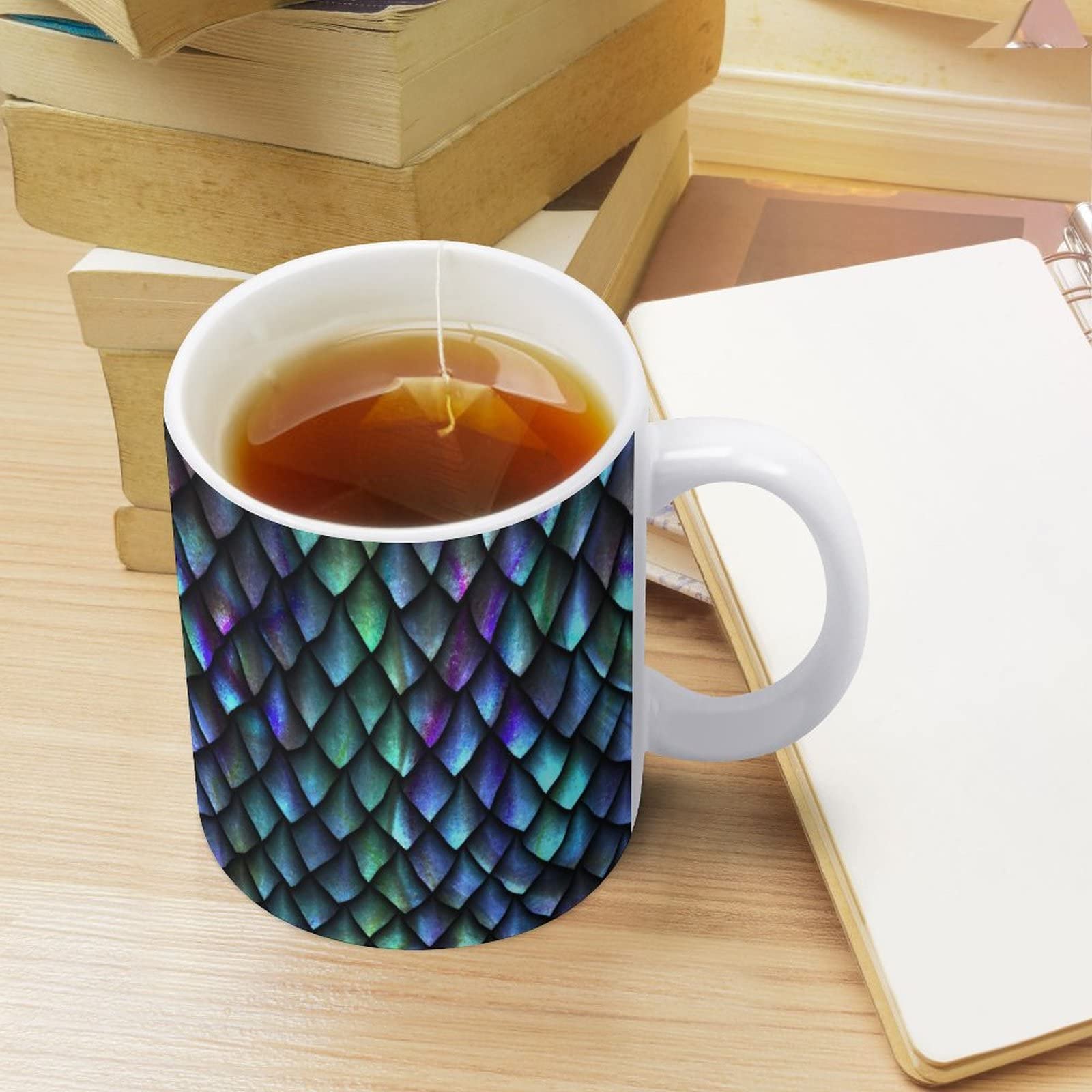 Turquoise Blue Green Dragon Scale Glitter Ceramic Mug - 11 Oz White Reptile Skin Design for Tea, Coffee, Milk, Juice - Perfect for Home, Office, Cafe & Gifts (Mom, Dad, Daughter, Son) - Unique Party & Holiday Present