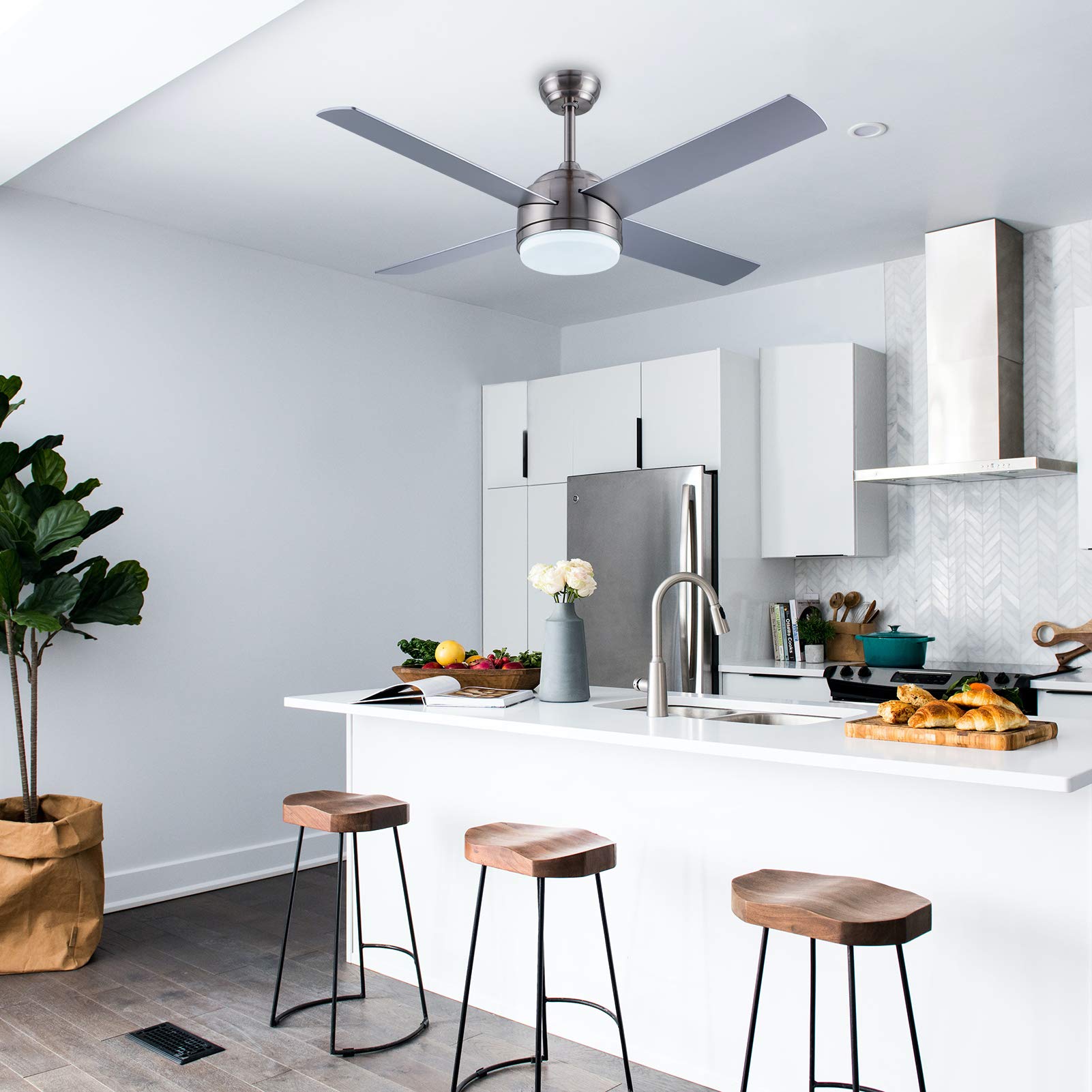 52 Inch Modern Ceiling Fan with Lights - 4 Reversible Blades, 3000K Warm White, Remote Control - Indoor Nickel Finish for Living Room, Bedroom & Office