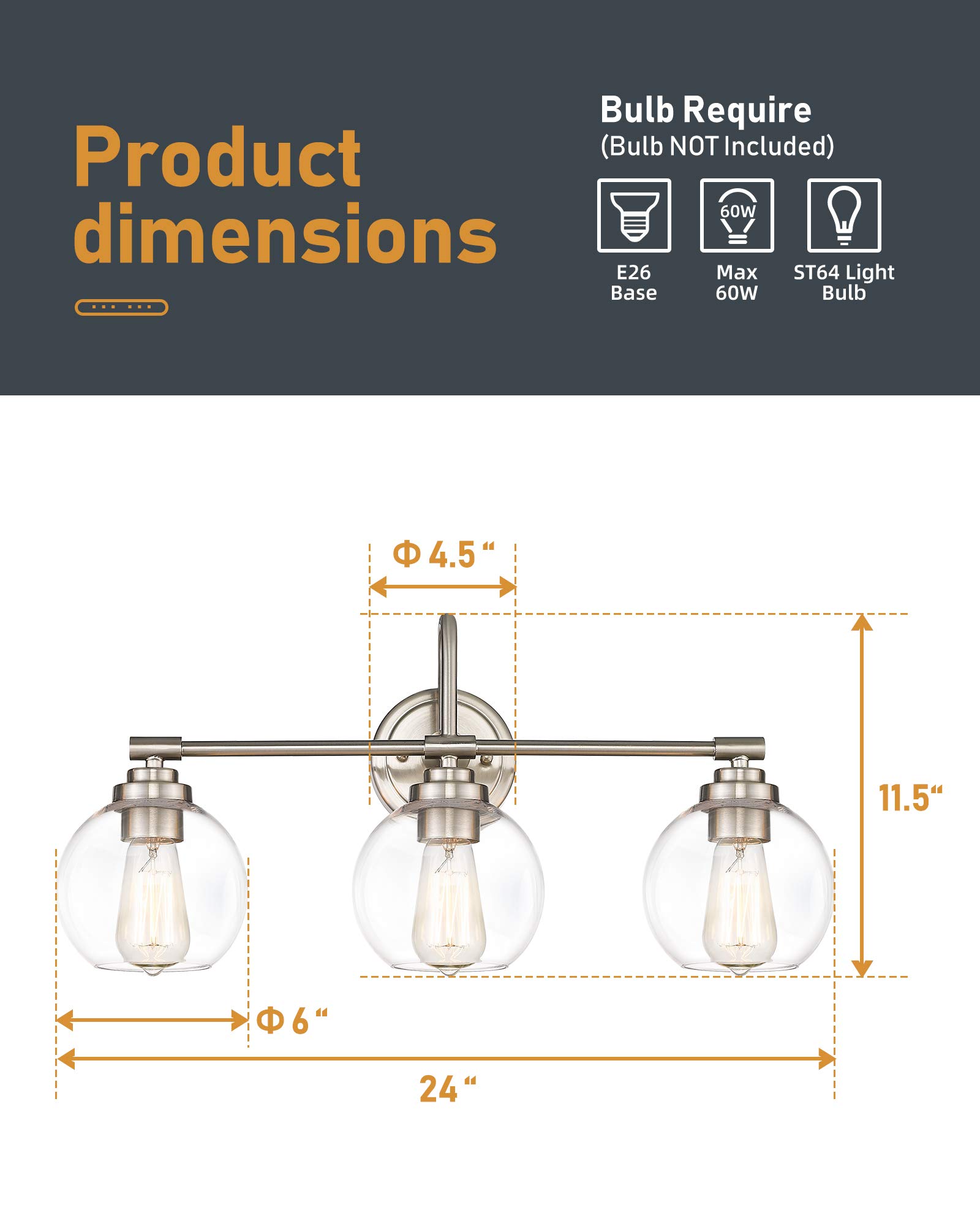 Brushed Nickel Vanity Light - 3-Light Bathroom Fixture with Clear Glass Shade for Modern Bathrooms