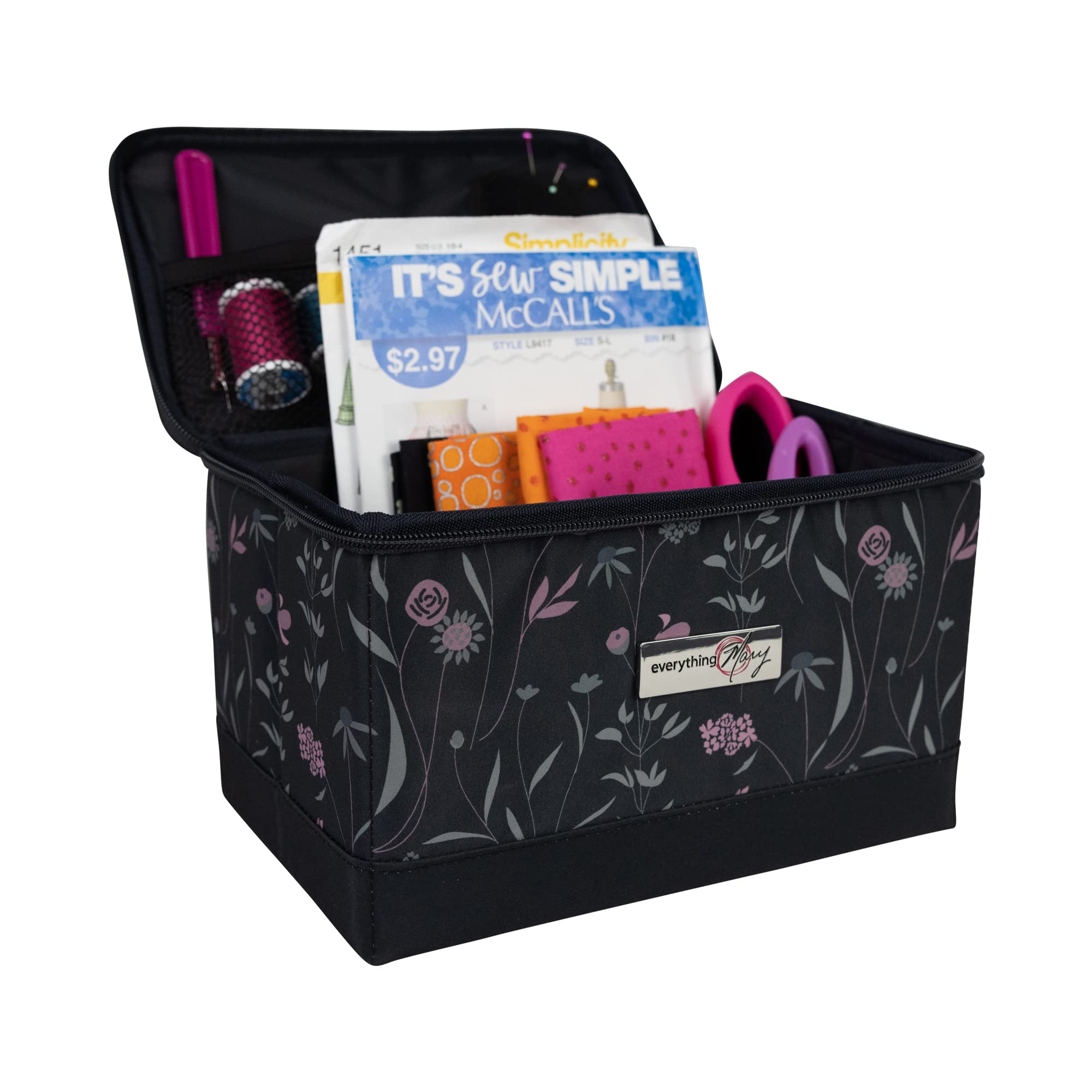 Everything Mary Collapsible Sewing Kit Organizer Box - Pink & Grey Floral Storage Basket for Thread, Needles, Scissors & Sewing Notions | Portable Craft Supplies Organizer for Travel, Home & DIY Projects
