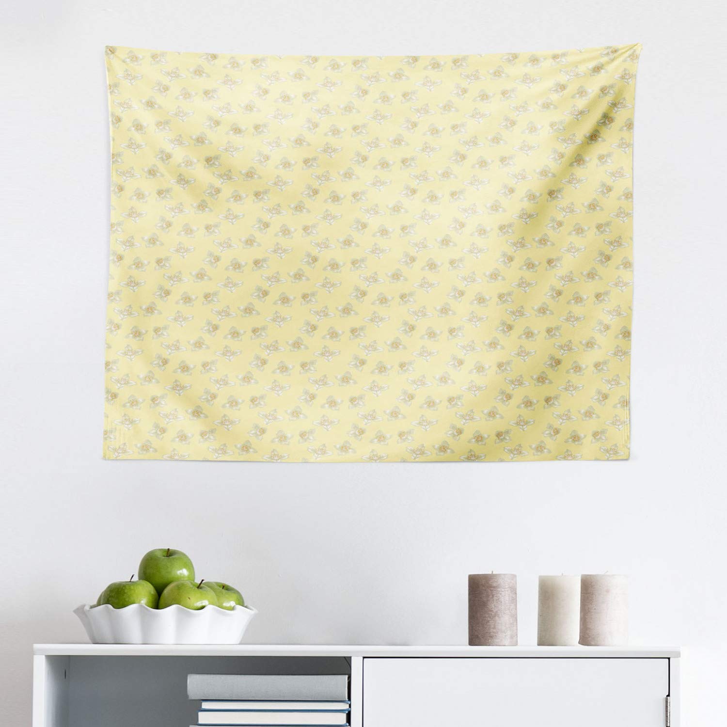 Ambesonne Jasmine Tapestry Wall Hanging - Soft Pastel Floral Botanical Bloom Design in Pale Yellow & Khaki, 28x23 Inch Fabric Decor for Bedroom, Living Room, Dorm | Perfect for Boho Chic Home Decor, Wedding Backdrop & Cozy Room Aesthetic