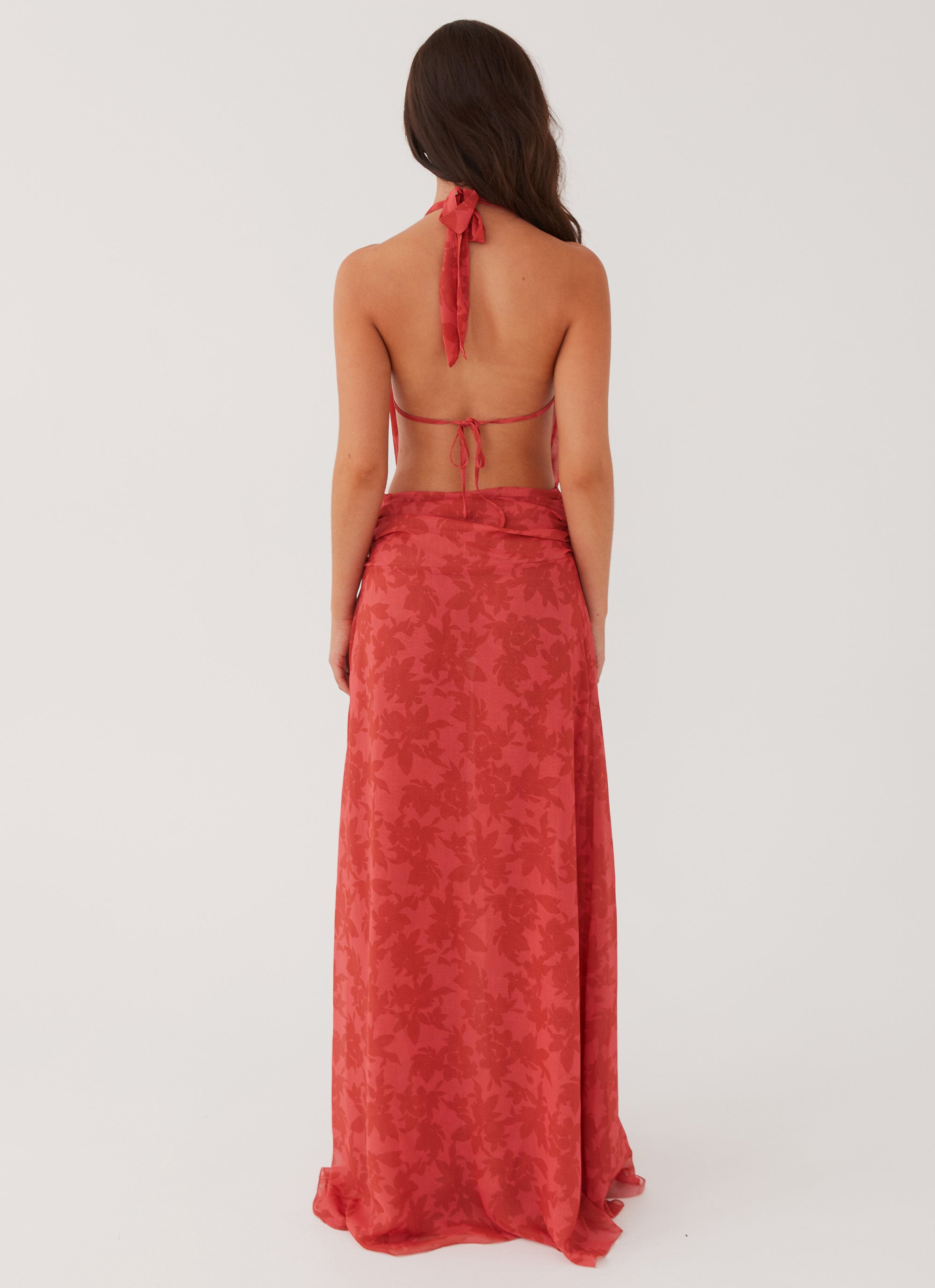 Elegant Red Dahlia Chiffon Maxi Dress for Women - Flowy Long Evening Gown for Parties, Weddings & Special Occasions