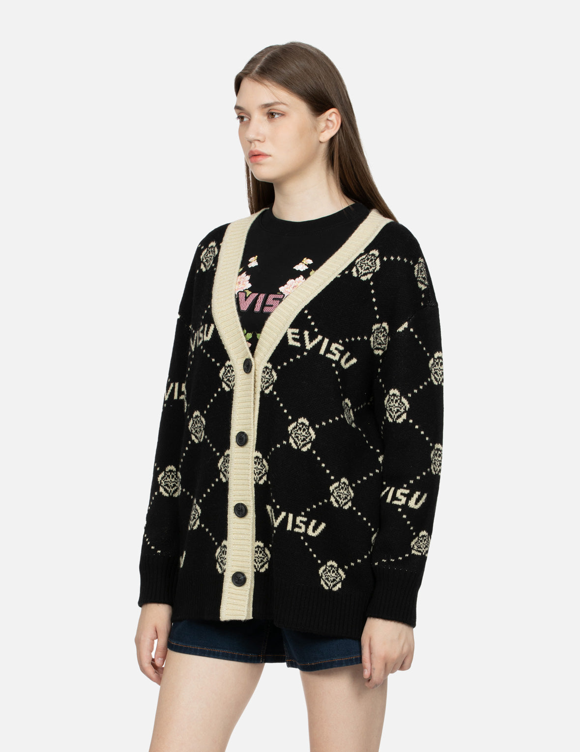 Stylish Kamon & Logo Jacquard Loose Fit Cardigan Sweater | Japanese-Inspired Design | Cozy Oversized Knitwear for Women | Perfect for Casual Outfits, Layering & Fall Fashion