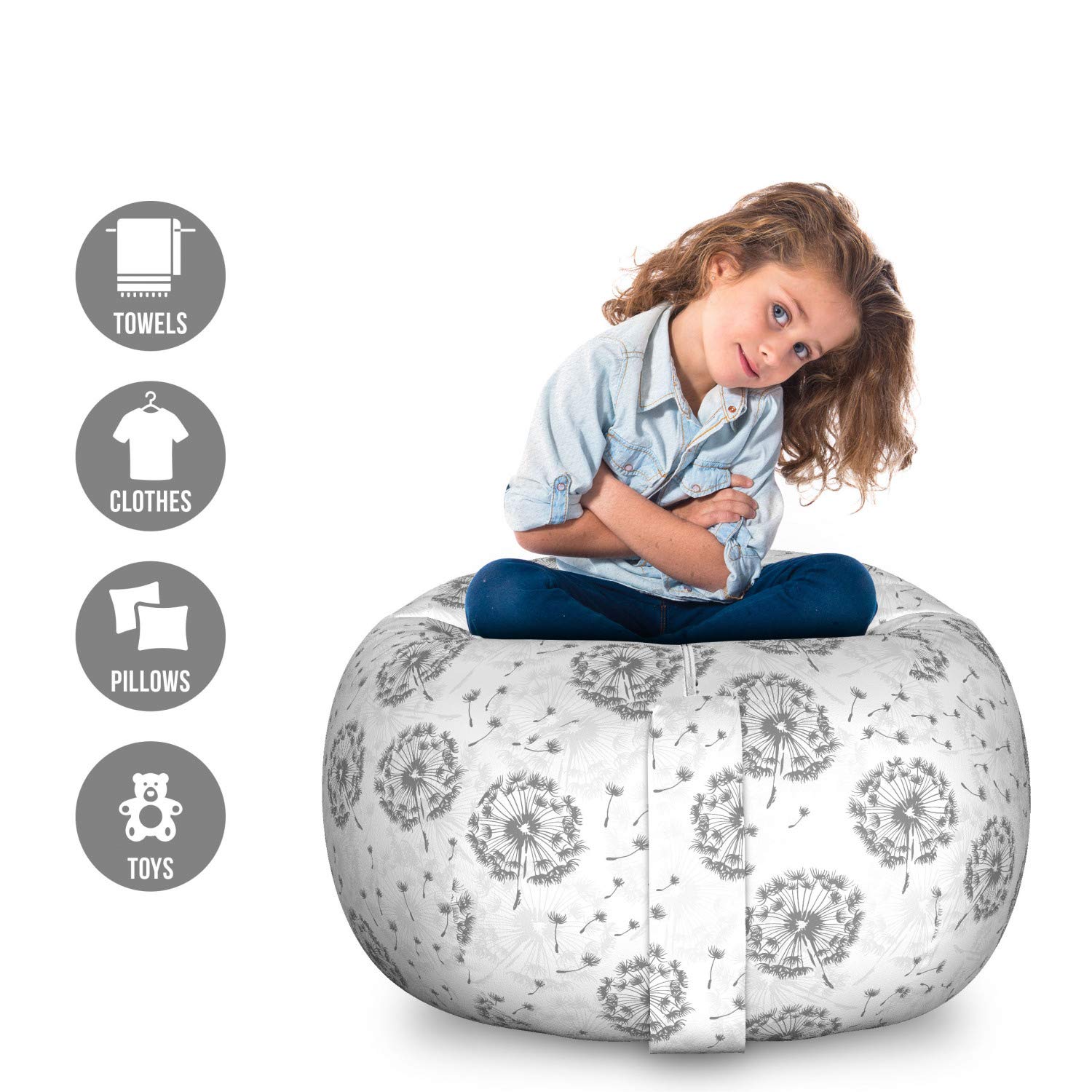 Ambesonne Large Washable Storage Bag Chair - Grey Dandelion Pattern Stuffed Animal Organizer | Perfect for Kids' Room, Nursery, Playroom & Toy Storage (Dimgray Pearl & White)