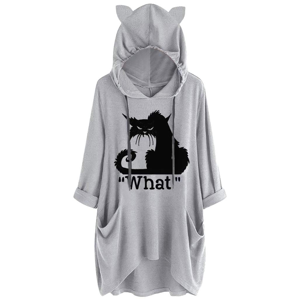 Women's Cat Ear Print Hooded Long Sleeve Shirt with Pocket - Loose Casual Tops for Leisure & Going Out | Perfect for Streetwear, Cosplay, and Everyday Fashion