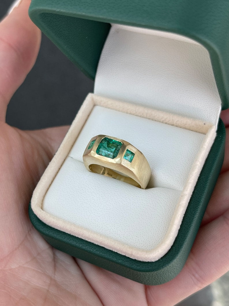 1.94tcw 14K Asscher & Princess Cut 3 Stone Unisex Matte Gold Finish Ring - Elegant Wedding Band, Anniversary Gift, or Everyday Jewelry for Men & Women