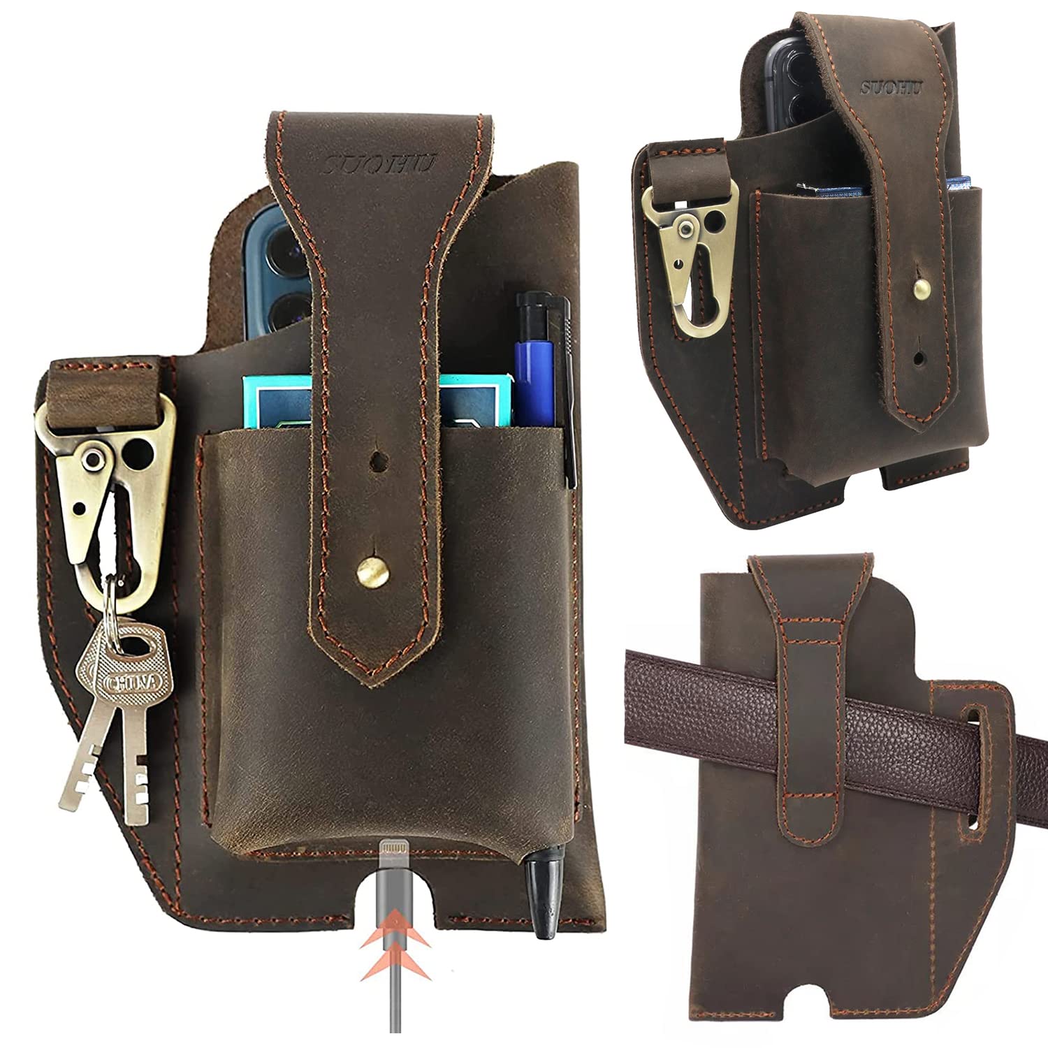 Premium Leather Phone Holster with Belt Clip - Universal Leather Cell Phone Pouch for iPhone & Smartphones - Tactical Belt Phone Case for Men & Women - Dark Brown - Perfect for Outdoor, Work & Daily Use