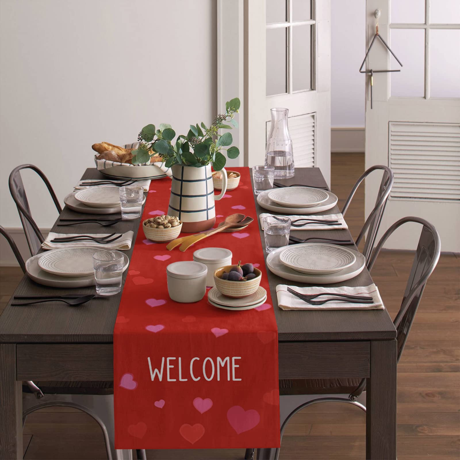 Valentine's Day Table Runner - Red and Pink Heart Design, 13x108 Inch Rectangle Dining Table Scarf for Kitchen, Wedding, Party, Holiday & Outdoor Decor - Perfect for Romantic Dinners and Special Occasions