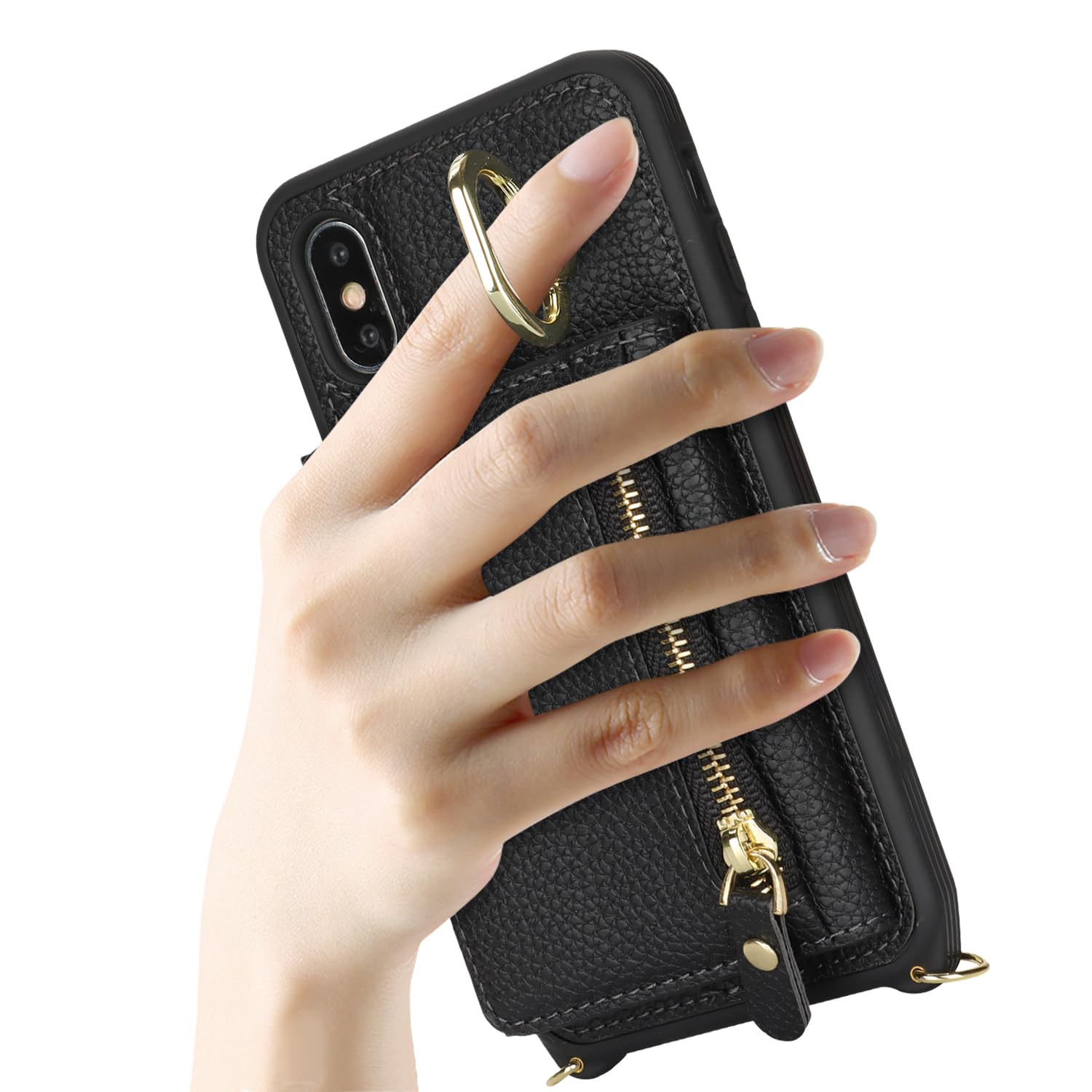 Premium PU Leather iPhone X/Xs Wallet Case with Card Holder, Crossbody Strap & Stand Ring - Secure Zipper Pocket for Cards & Cash - Stylish & Functional Phone Case for Women - Perfect for Travel, Shopping & Daily Use (Black)