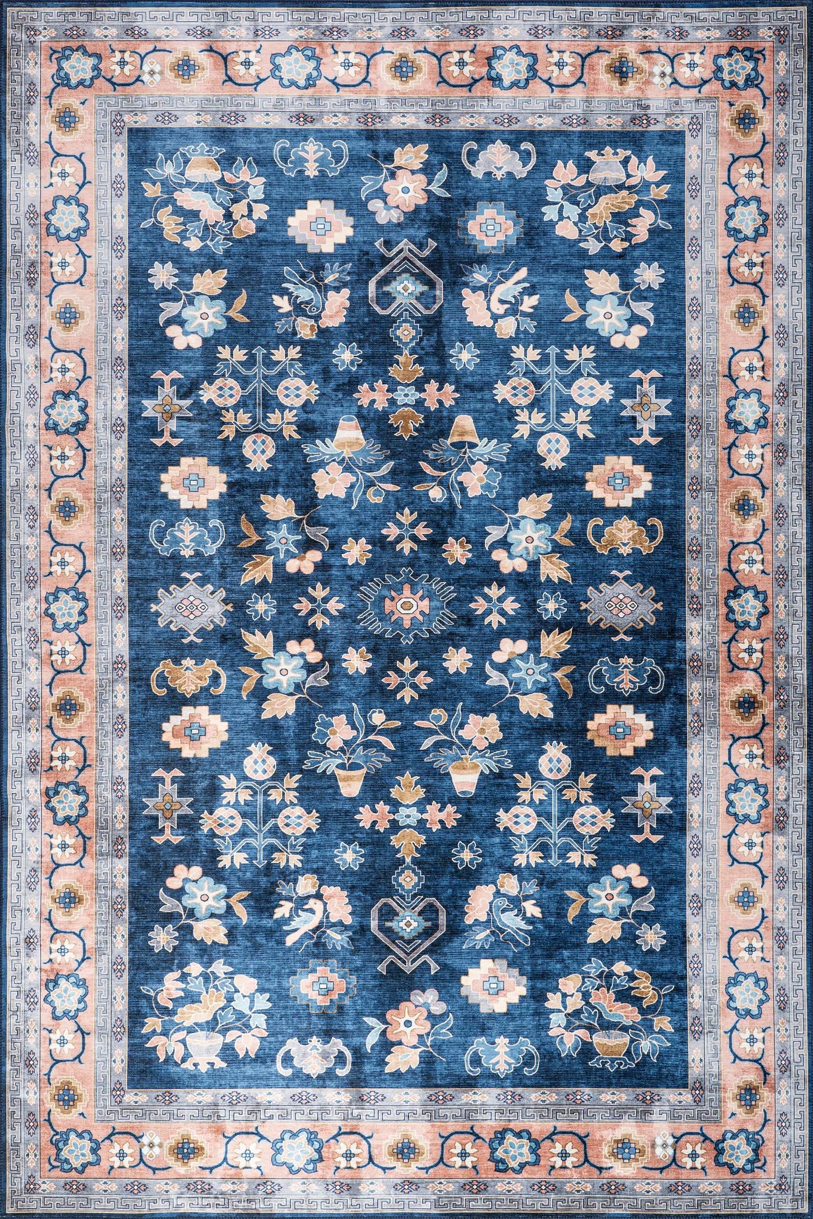 Vintage Spill Proof Washable Rug - Non-Slip Blue Area Rug for Living Room, Bedroom, Kitchen | Soft & Durable Home Decor