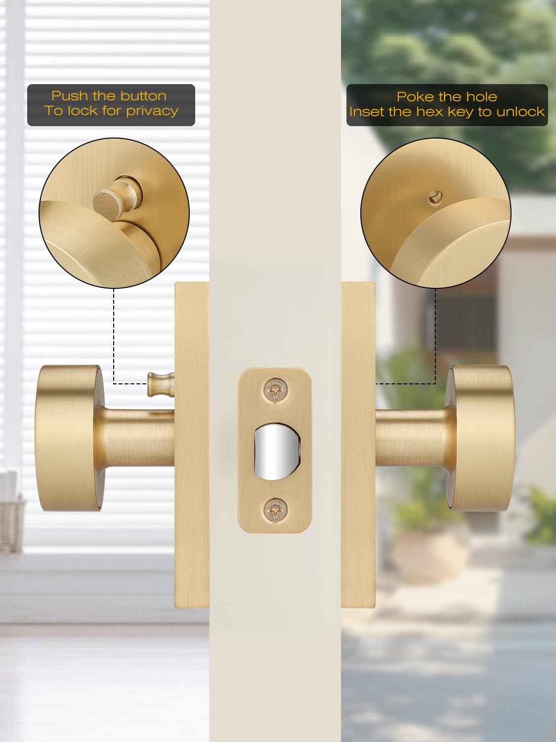 EHOMEWARE 3-Pack Gold Privacy Door Knobs with Lock - Bedroom & Bathroom Interior Door Handles, Reversible for Left/Right Doors, Rectangular Base - No Key Needed for Home, Office, or Apartment Use