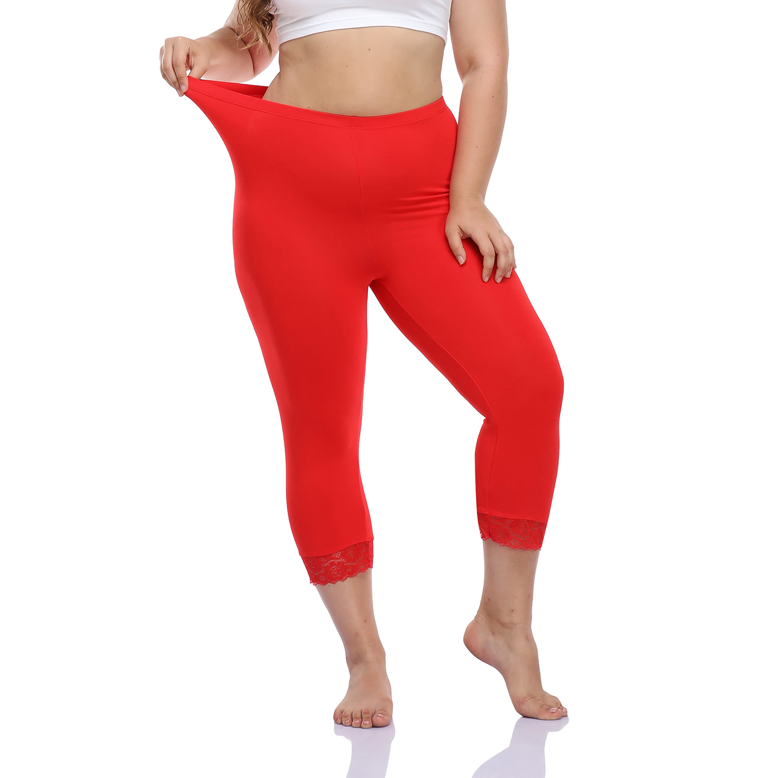 Plus Size Women's Lace Trim Capri Leggings - Stretchy Yoga Pants for Workouts & Lounge - Soft High-Waisted Cropped Tights for Yoga, Gym, Running & Casual Wear