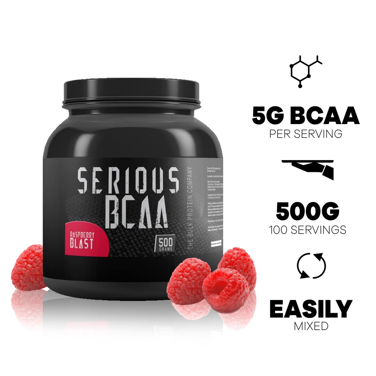 Serious BCAA Powder 500g (100 Servings) - Pre Workout Supplement for Muscle Growth & Recovery - Raspberry Blast Flavor by The Bulk Protein Company - Ideal for Gym, Fitness & Bodybuilding Training