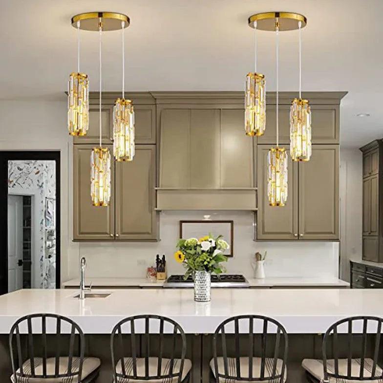 Modern Gold Crystal Cylinder Pendant Light - Elegant Dining Room & Kitchen Island Lighting Fixture for Home Decor