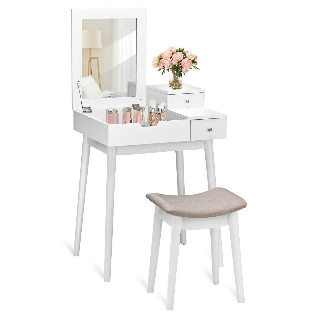 White Wood Vanity Dressing Table Set with Mirror & Bench - Perfect for Bedroom Makeup