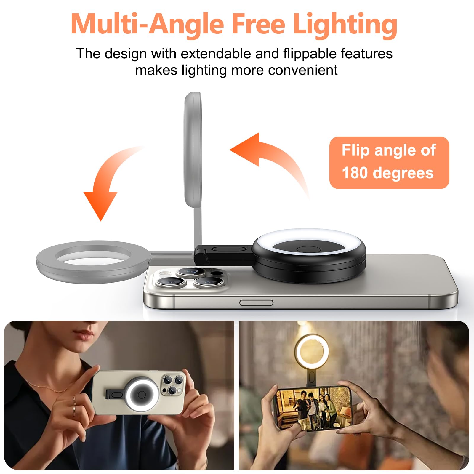 Magnetic Selfie Light with Magsafe - 6 LED Lighting Modes, Sticky Ring Included | Perfect Fill Light for Photos, TikTok, YouTube, Zoom Meetings, Live Streaming & Vlogging | Ideal for Video Conferences, Content Creation & Low-Light Selfies (Black)