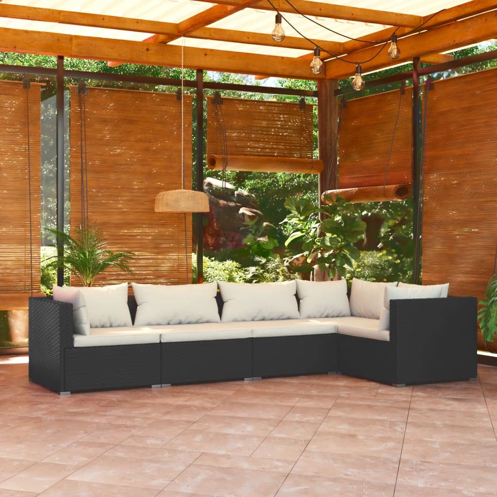 vidaXL 5-Piece Patio Lounge Set - Outdoor Garden Furniture with Cushions, Black Poly Rattan Sectional Sofa for Backyard, Poolside & Terrace Relaxation