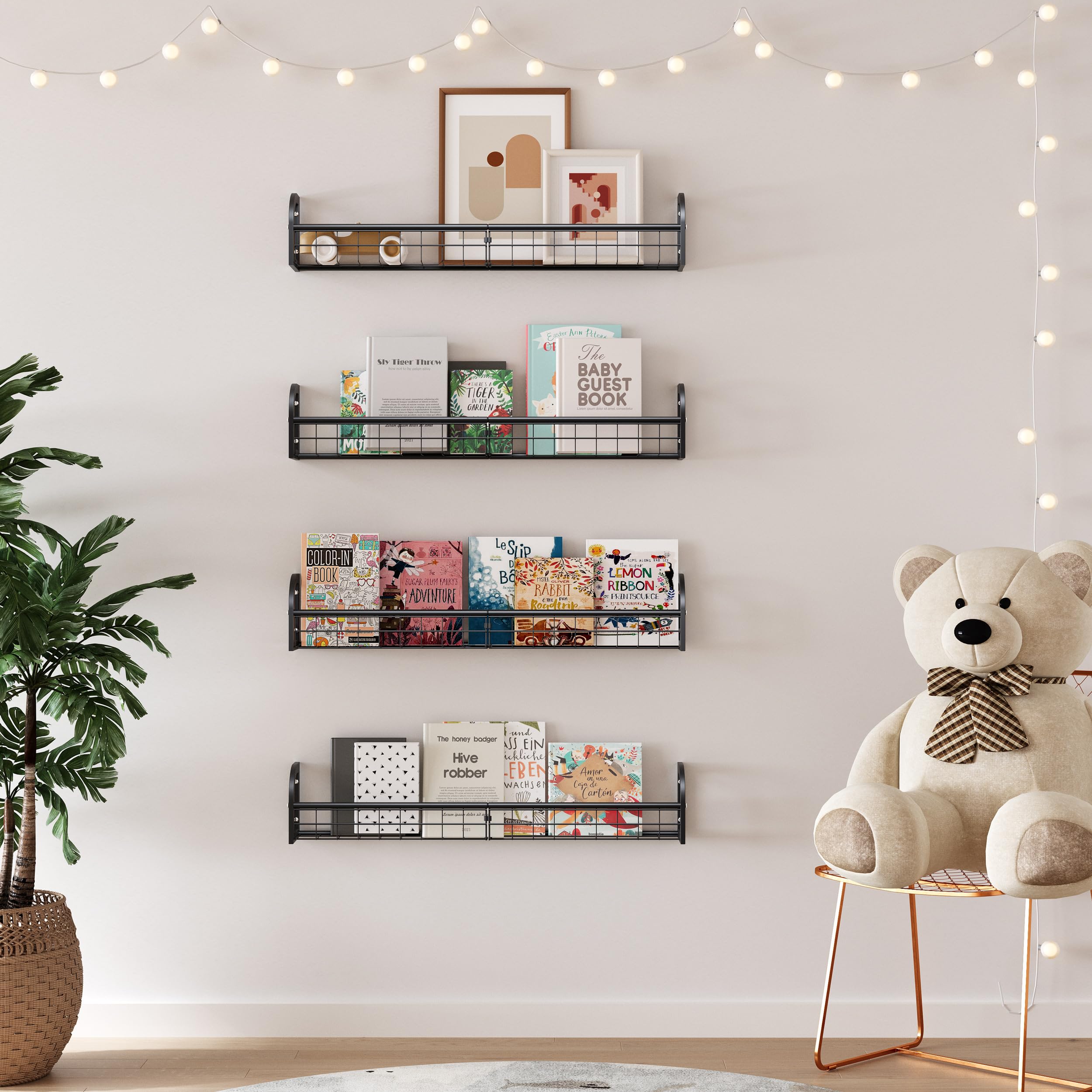 Wall Mounted Bookshelf Set of 4 - Floating Shelves for Kids Room, Nursery & Bedroom Decor - Black Metal Organizer - Perfect for Books, Toys & Display (Home & Office Use)