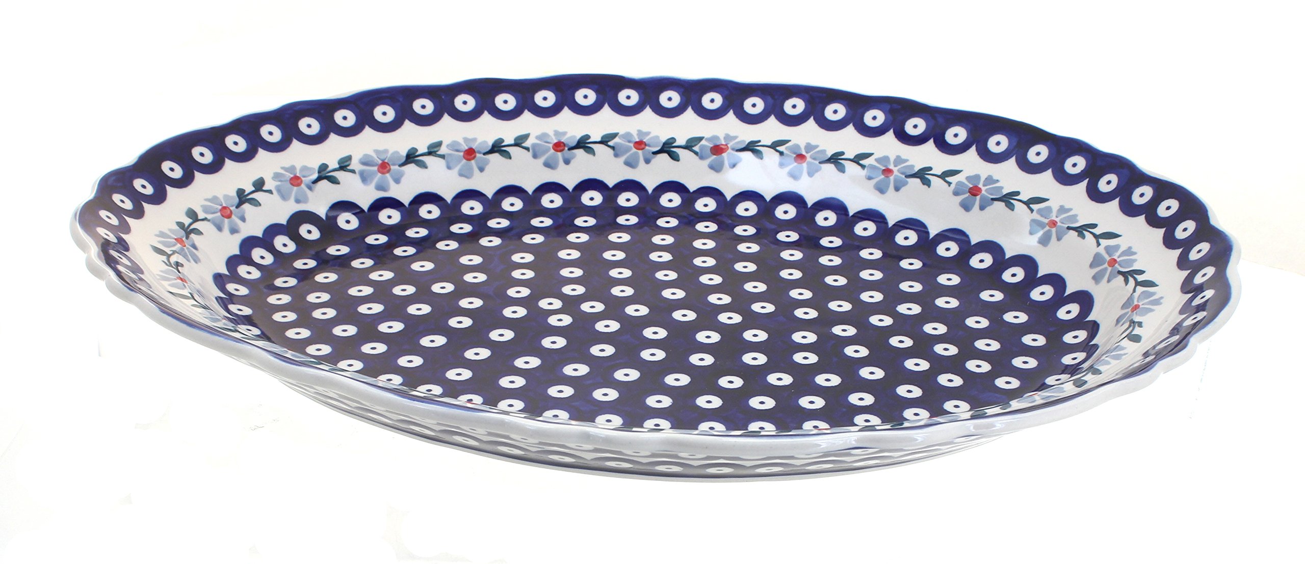 Handmade Blue Rose Polish Pottery Oval Serving Platter - Large Blue Violet Ceramic Dish for Entertaining, Dining & Home Decor
