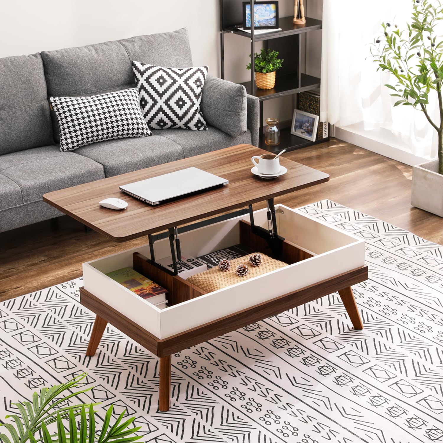 Lift Top Coffee Table with Hidden Storage - Easy to Assemble Modern Walnut Center Table for Living Room, Reception & Home Office - Perfect for Small Spaces, Entertaining & Organization