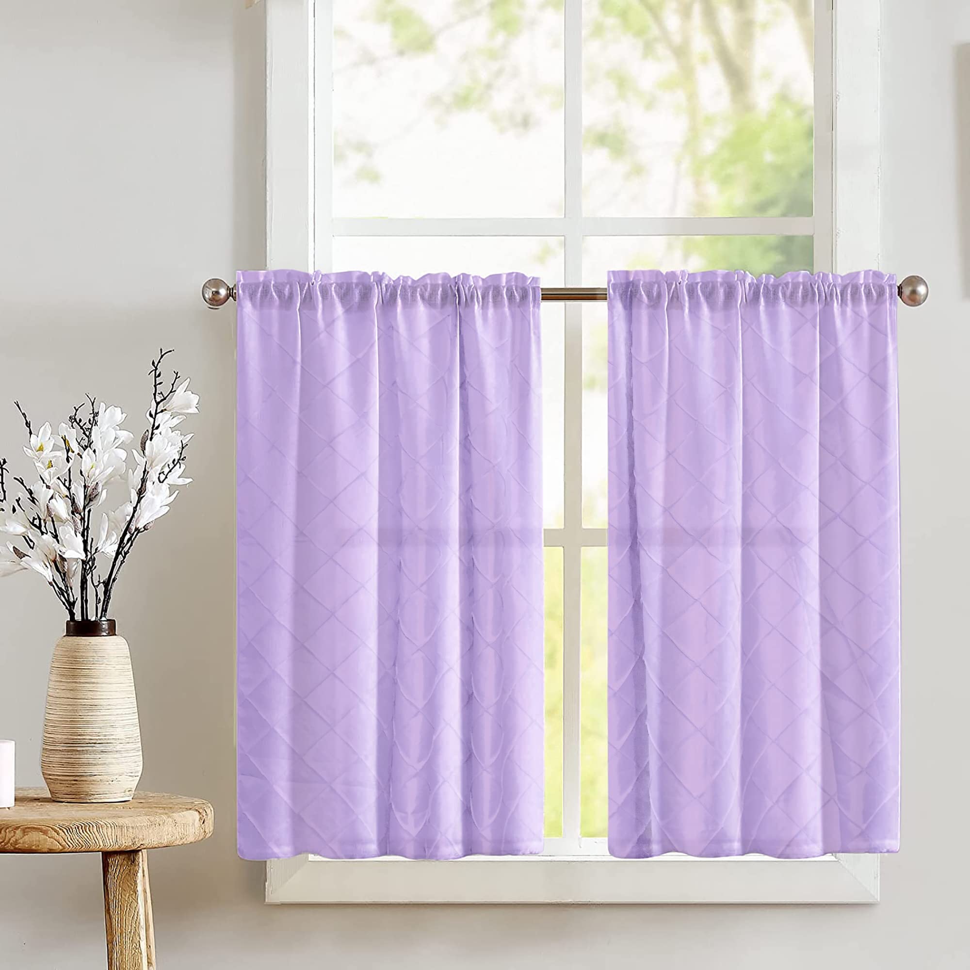 Pintuck Taffeta Tiered Window Valance 2-Piece Set - Elegant Home Decor for Bedroom, Nursery & Kitchen - Soft Lavender Curtain Panel - Perfect for Bay Windows & French Doors
