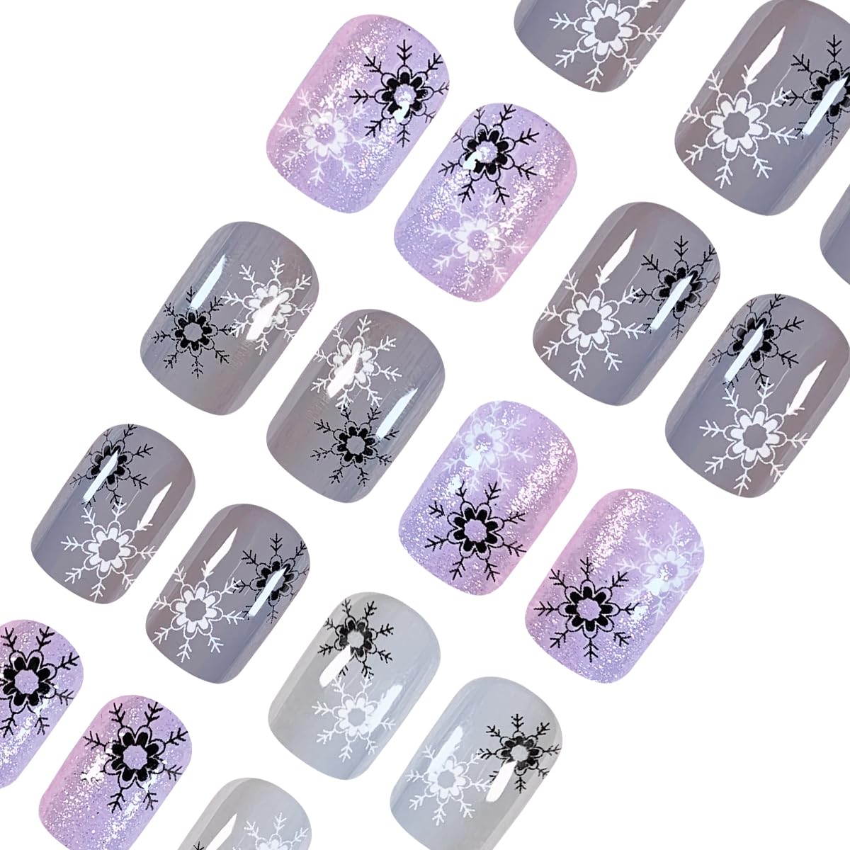 24Pcs Christmas Snowflake Press on Nails - Short Square Fake Nails with Silver Glitter Designs, Purple Full Cover Glue on Nails, Black & White Snowflake Christmas False Nails for Women - Perfect for DIY Winter Manicure, Holiday Parties & Gift Giving