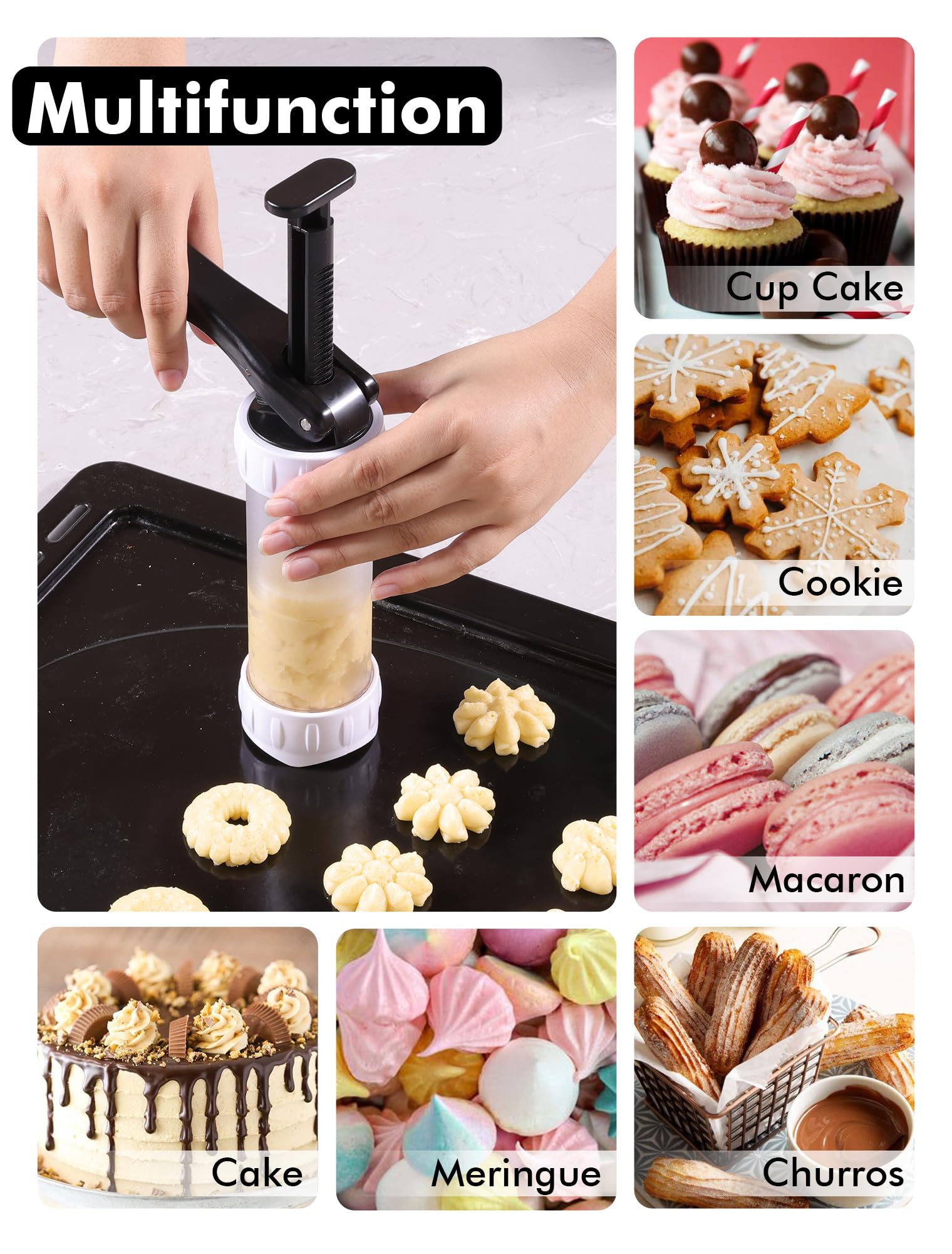 Premium Cookie Press Set with 12 Discs & 10 Cake Decorating Tips - Stainless Steel Churro & Biscuit Maker (White) - Perfect for Holiday Baking, Party Treats & DIY Dessert Decorating