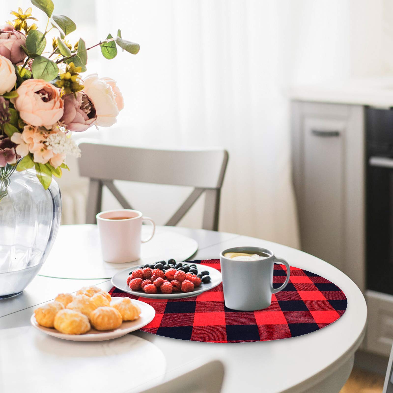 Senneny 6-Piece Round Placemats Set - Reversible Cotton Burlap Buffalo Plaid Placemats in Red & Black - Farmhouse Style Dining Table Mats for Round Tables - Perfect for Holiday Dinners, Rustic Weddings & Cozy Kitchen Decor
