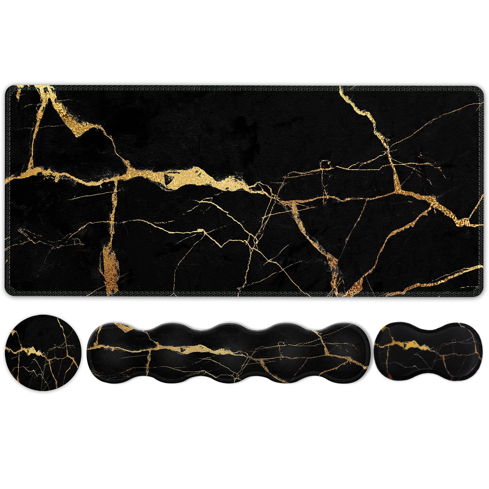 iLeadon Large Gaming Mouse Pad Set - 35.4x15.7in Desk Mat with Keyboard Wrist Rest & Mouse Pad with Wrist Support, Black Gold Marble Design for Pain Relief & Comfort - Perfect for Home Office, PC Gaming & Professional Workspaces