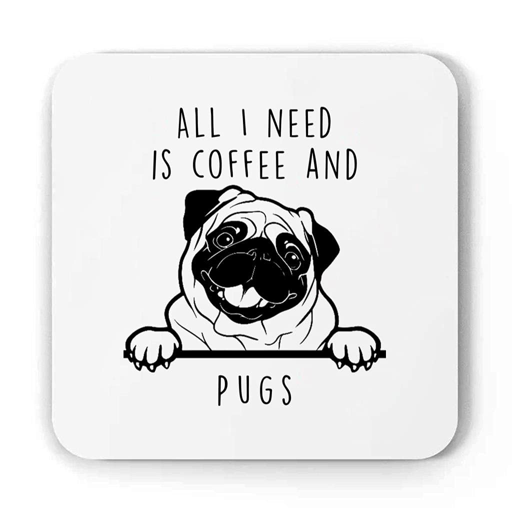 Funny Coffee Coaster for Dog Lovers - I Love Coffee and Pug Peeking Gift for Dog Moms - White Square Ceramic Coaster - Perfect for Christmas 2022 Gifts, Office Desk Decor & Coffee Table Accessories
