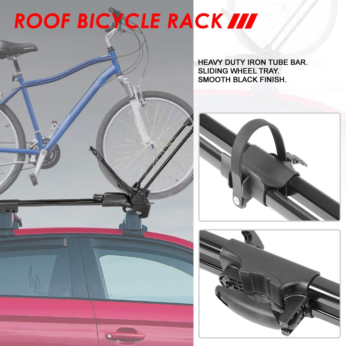 Auto Dynasty Universal Car Roof Top Wheel-On Bicycle Mount Rack - Heavy Duty Iron Bike Carrier with Key Lock System - Perfect for Road Trips, Mountain Biking & Outdoor Adventures (Black)
